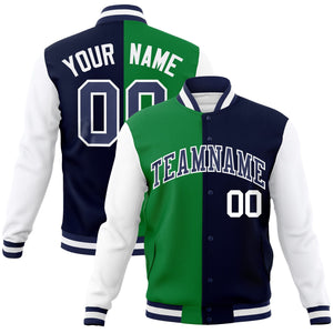 Custom Green Navy-Navy Varsity Full-Snap Letterman Two Tone Split Fashion Jacket