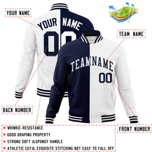 Veste de mode fendue bicolore personnalisée bleu marine-blanc Varsity Full-Snap Letterman