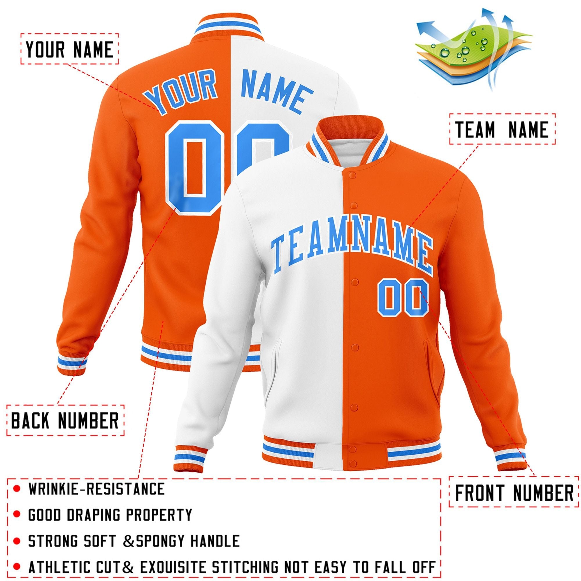 Veste de mode fendue bicolore personnalisée blanc orange-bleu poudre Varsity Full-Snap Letterman