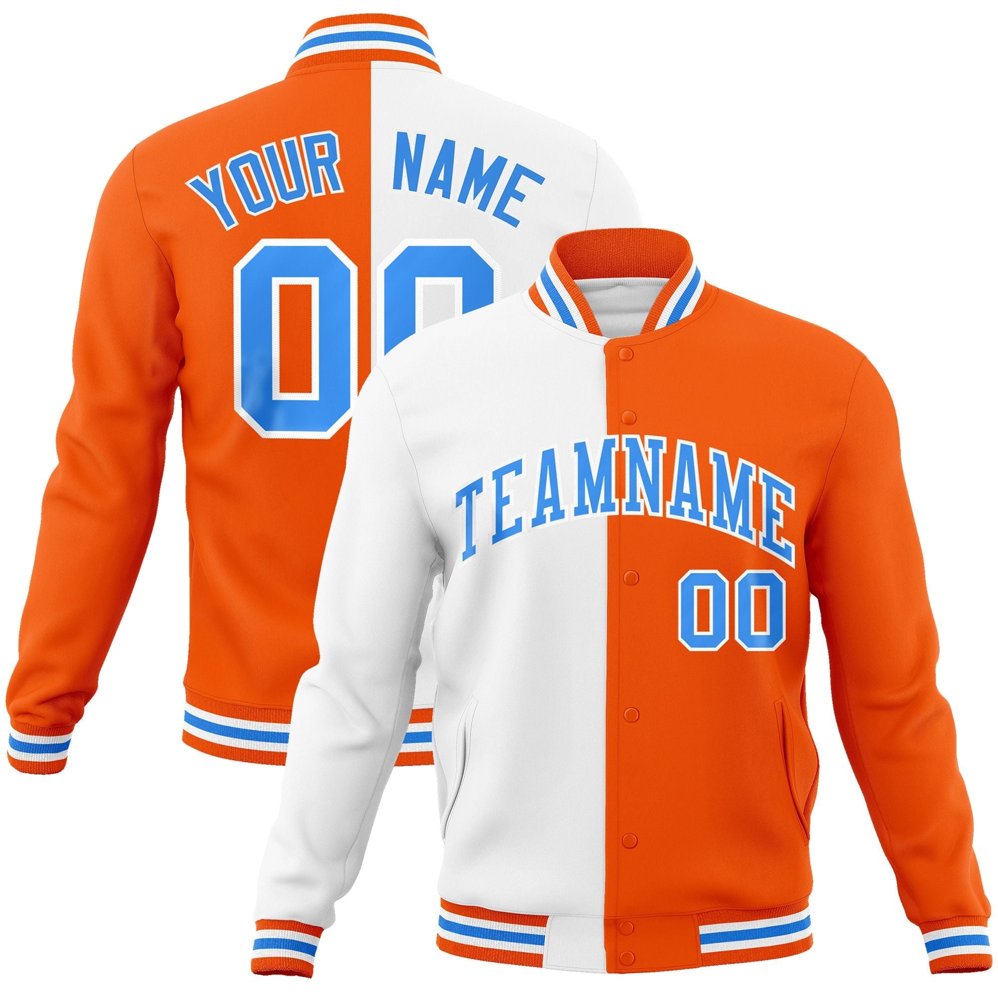 Custom White Orange-Powder Blue Varsity Full-Snap Letterman Two Tone Split Fashion Jacket