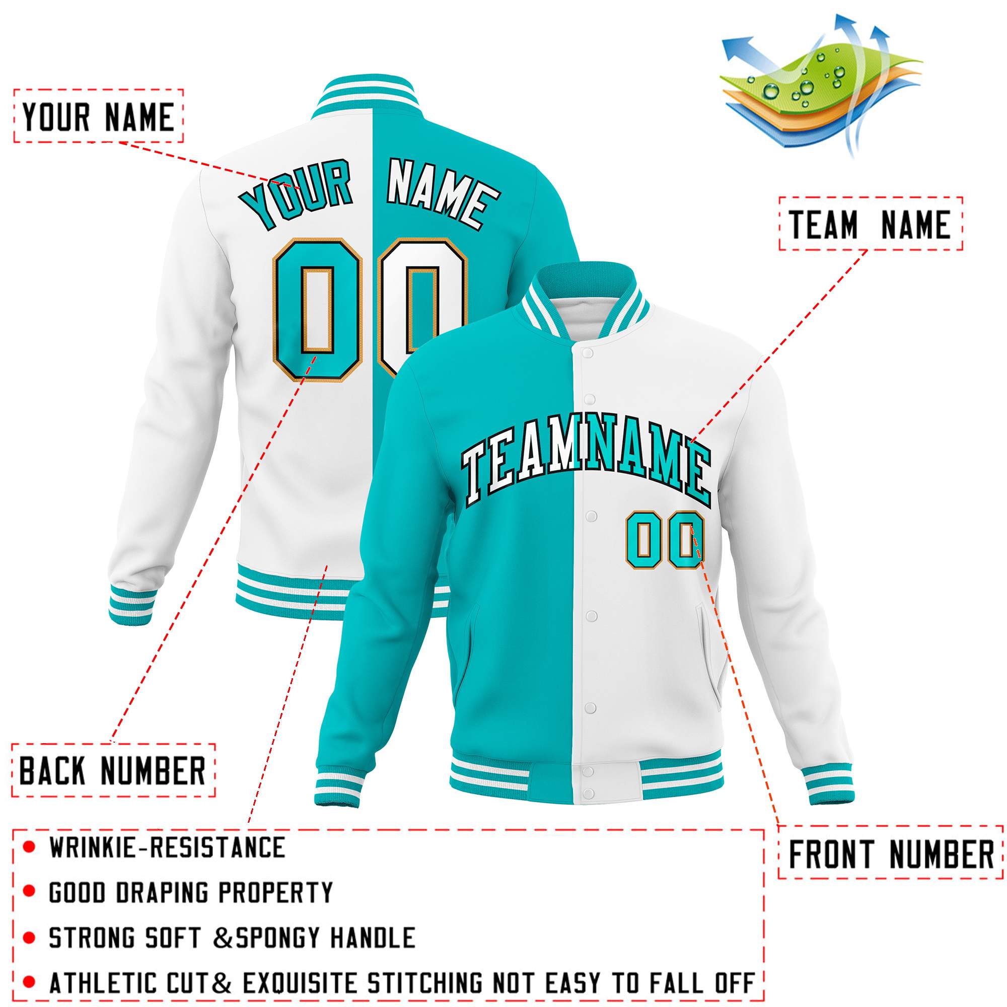 Veste de mode fendue bicolore personnalisée Aqua White Varsity Full-Snap Letterman