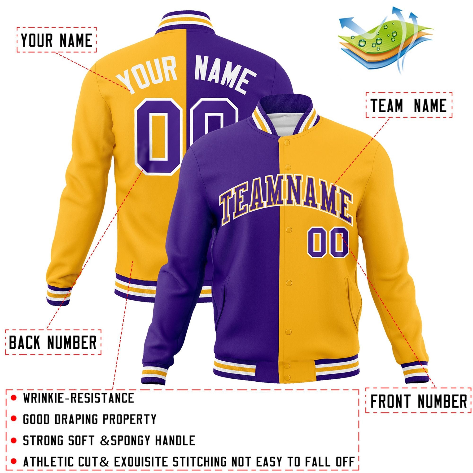 Custom Purple Yellow-Purple Varsity Full-Snap Letterman Two Tone Split Fashion Jacket