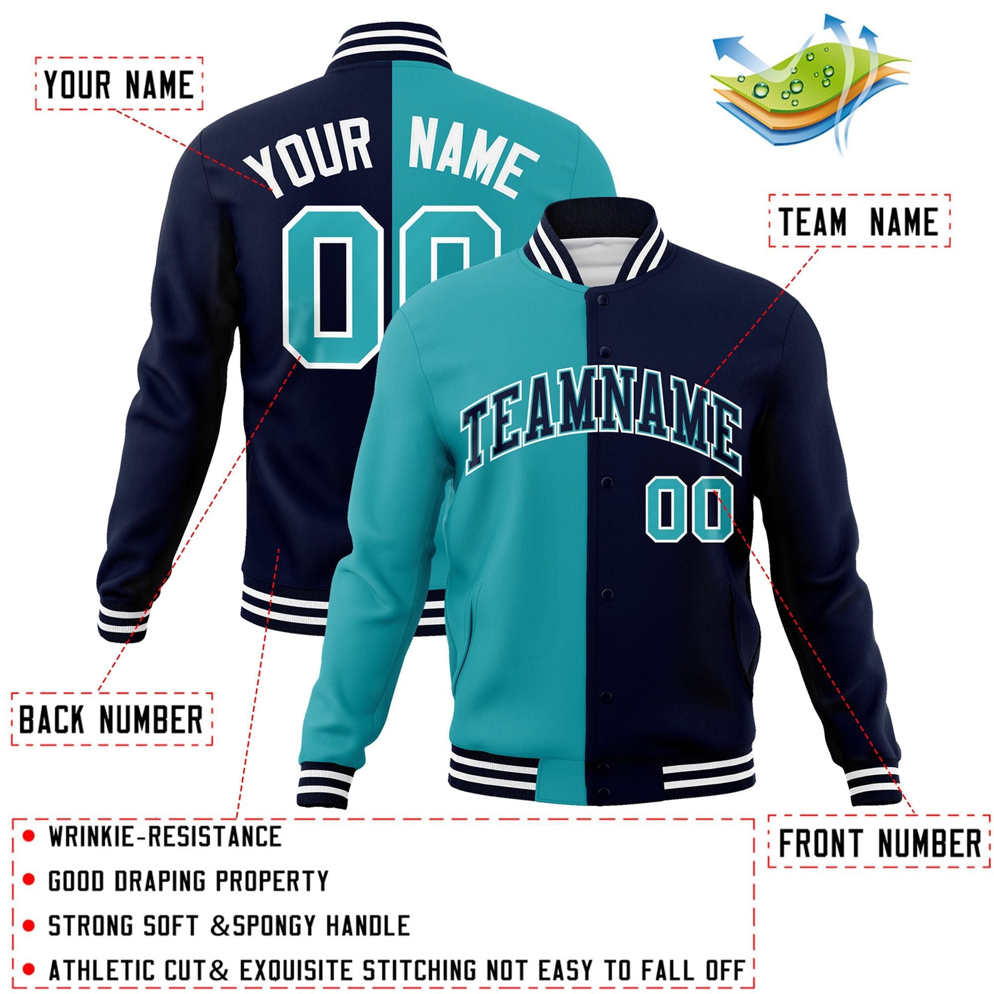 Custom Aqua Navy-Navy Varsity Full-Snap Letterman Two Tone Split Fashion Jacket