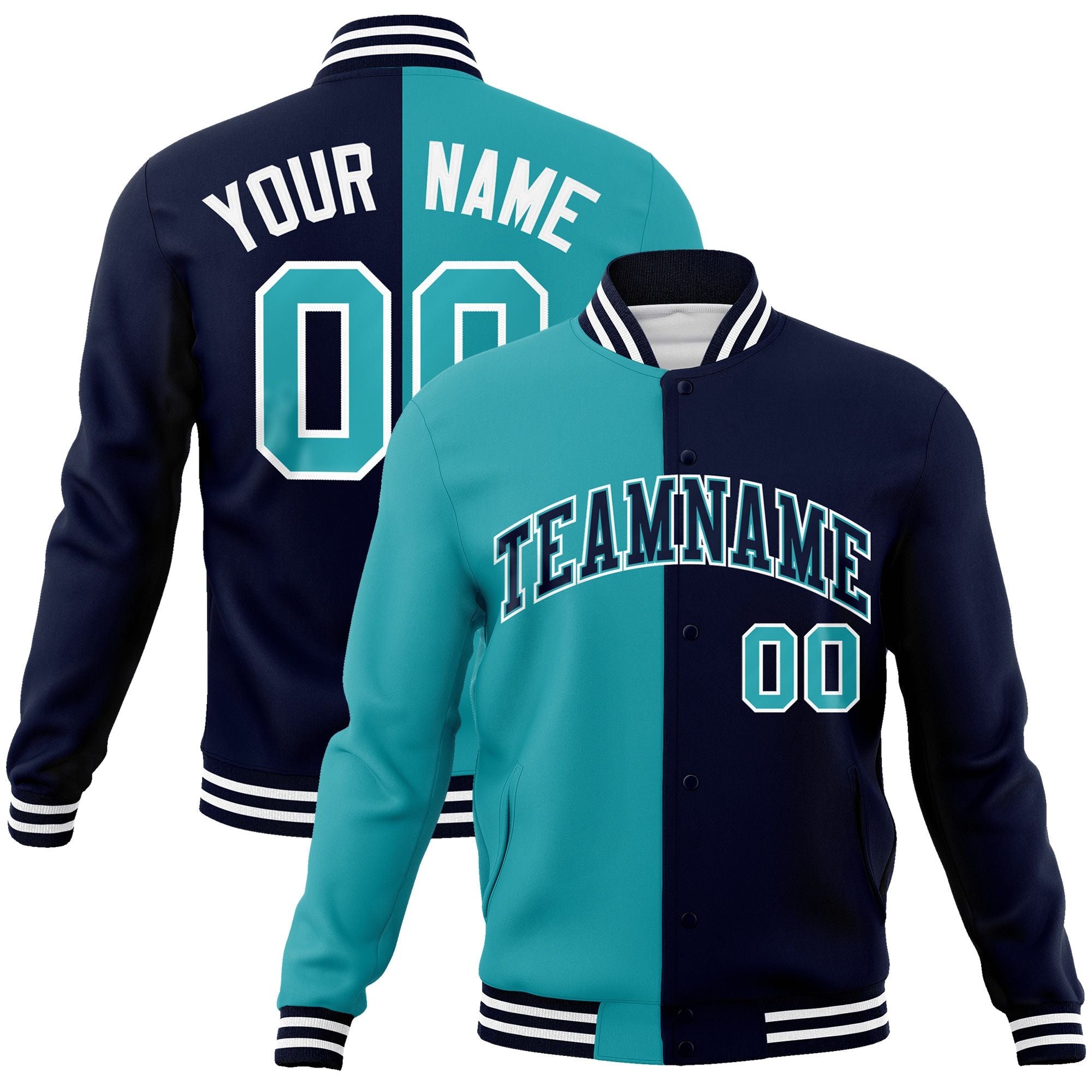 Custom Aqua Navy-Navy Varsity Full-Snap Letterman Two Tone Split Fashion Jacket