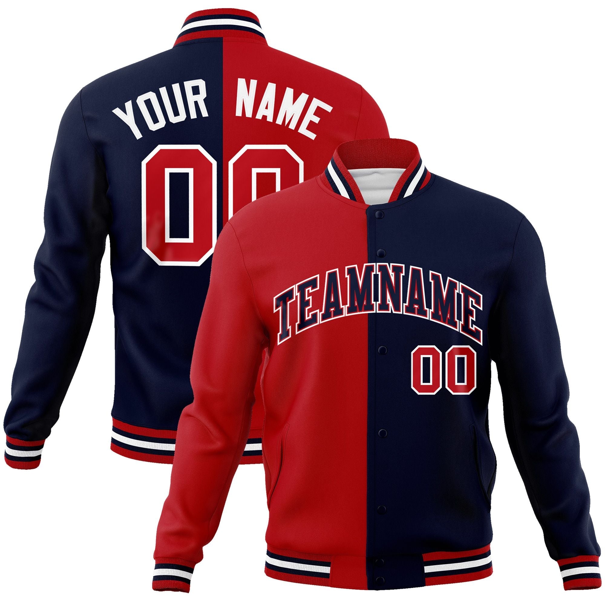 Custom Red Navy-Navy Varsity Full-Snap Letterman Two Tone Split Fashion Jacket