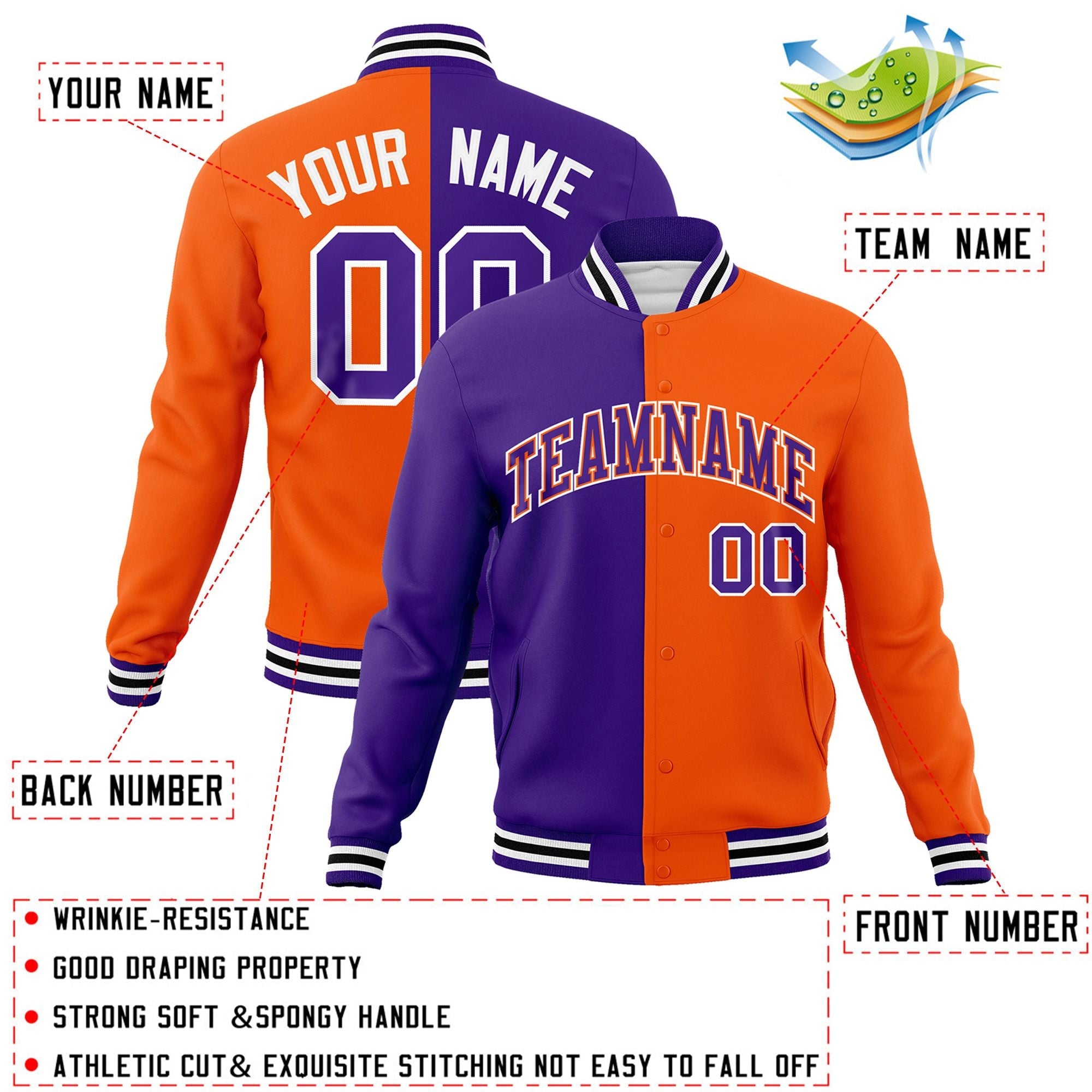 Custom Purple Orange-Purple Varsity Full-Snap Letterman Two Tone Split Fashion Jacket