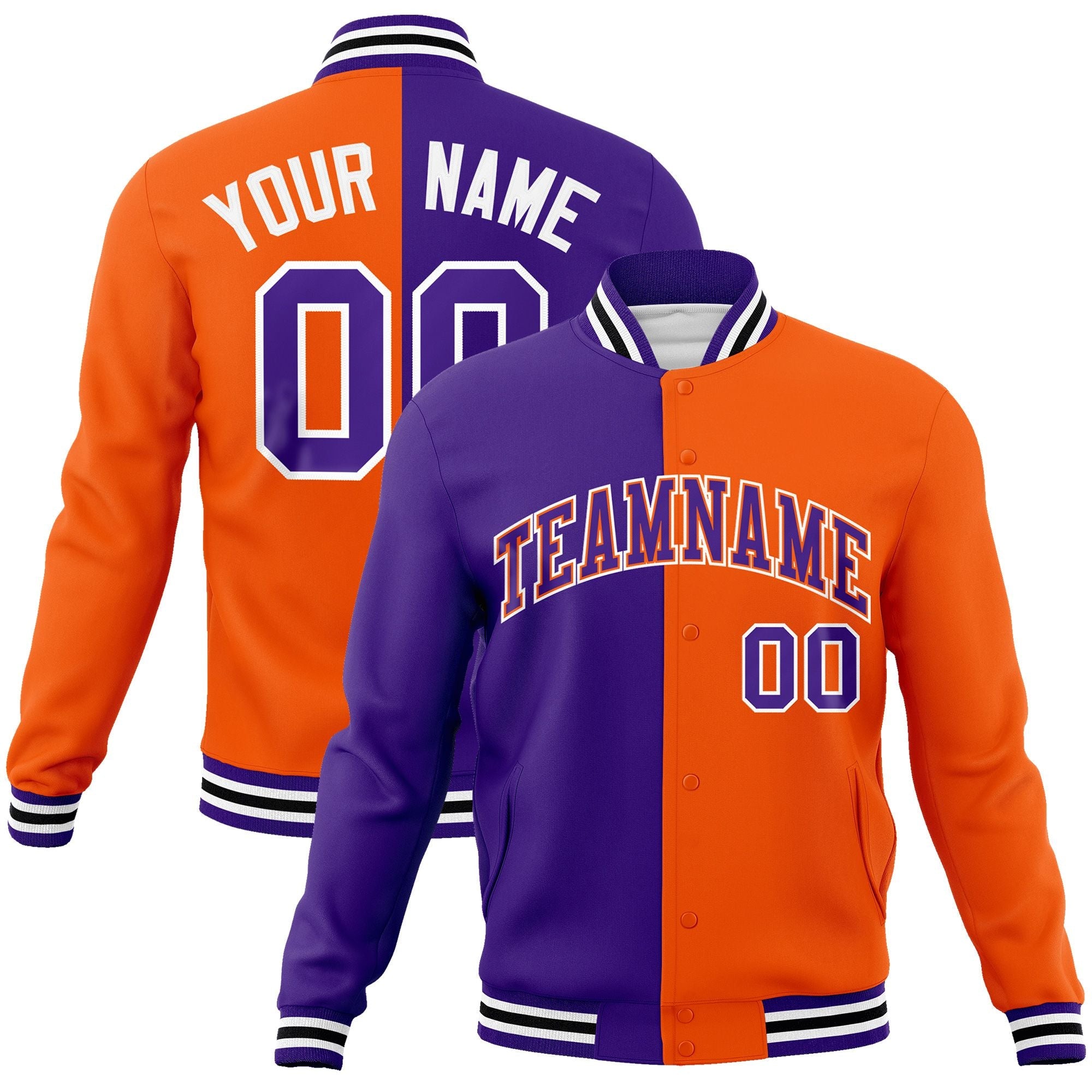 Custom Purple Orange-Purple Varsity Full-Snap Letterman Two Tone Split Fashion Jacket