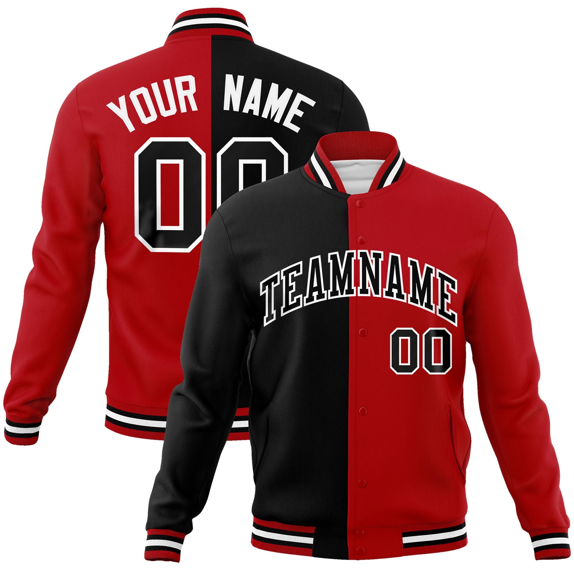 Custom Black Red-Black Varsity Full-Snap Letterman Two Tone Split Fashion Jacket