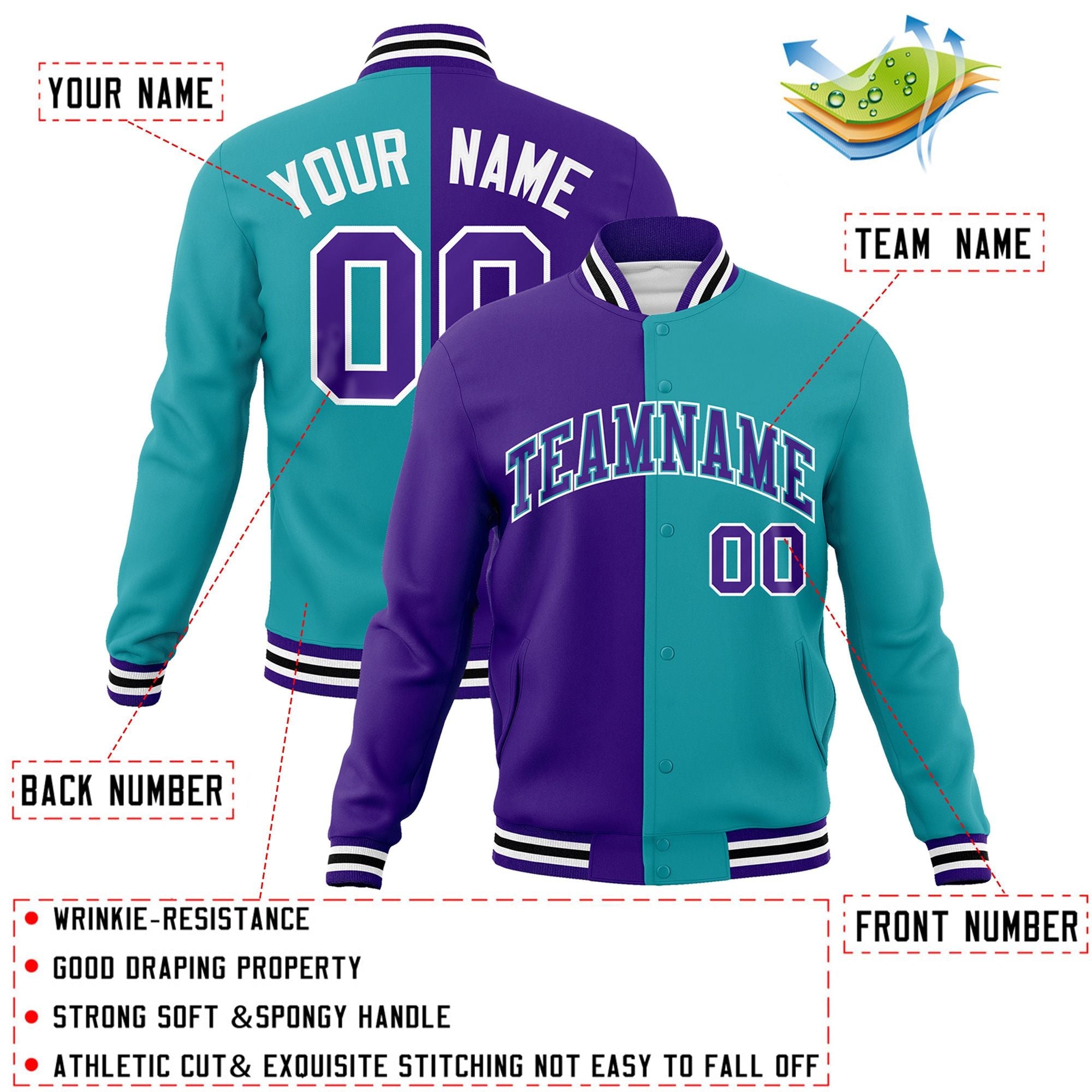 Veste de mode divisée à deux tons Purple Aqua-Purple Varsity Full-Snap Letterman personnalisée