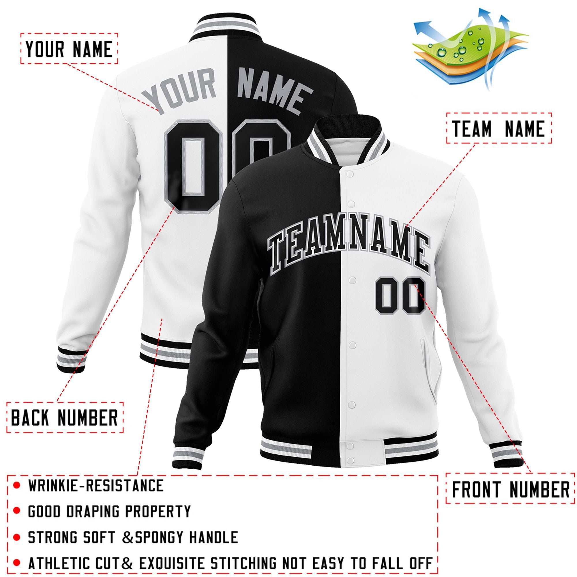 Custom Black White-Black Varsity Full-Snap Letterman Two Tone Split Fashion Jacket