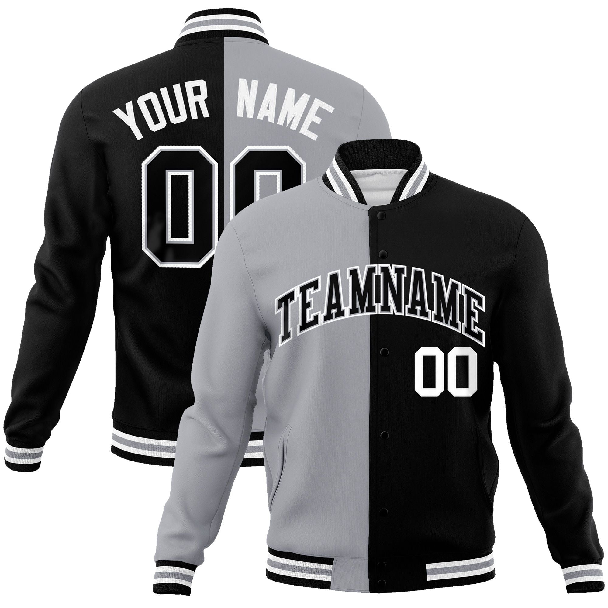 Custom Gray Black-Black Varsity Full-Snap Letterman Two Tone Split Fashion Jacket