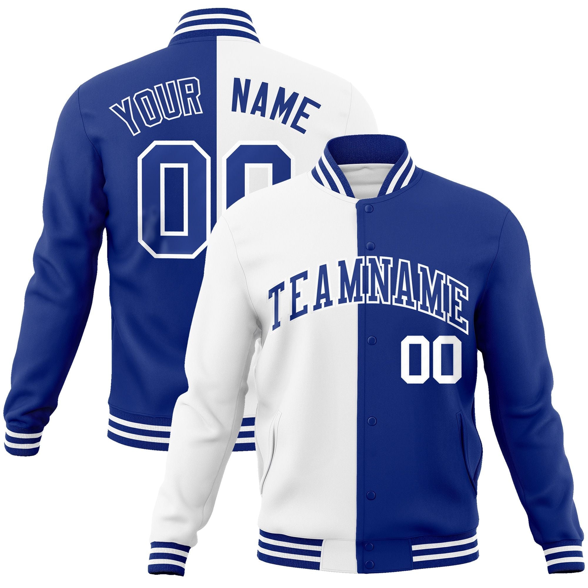 Custom White Royal-Royal Varsity Full-Snap Letterman Two Tone Split Fashion Jacket