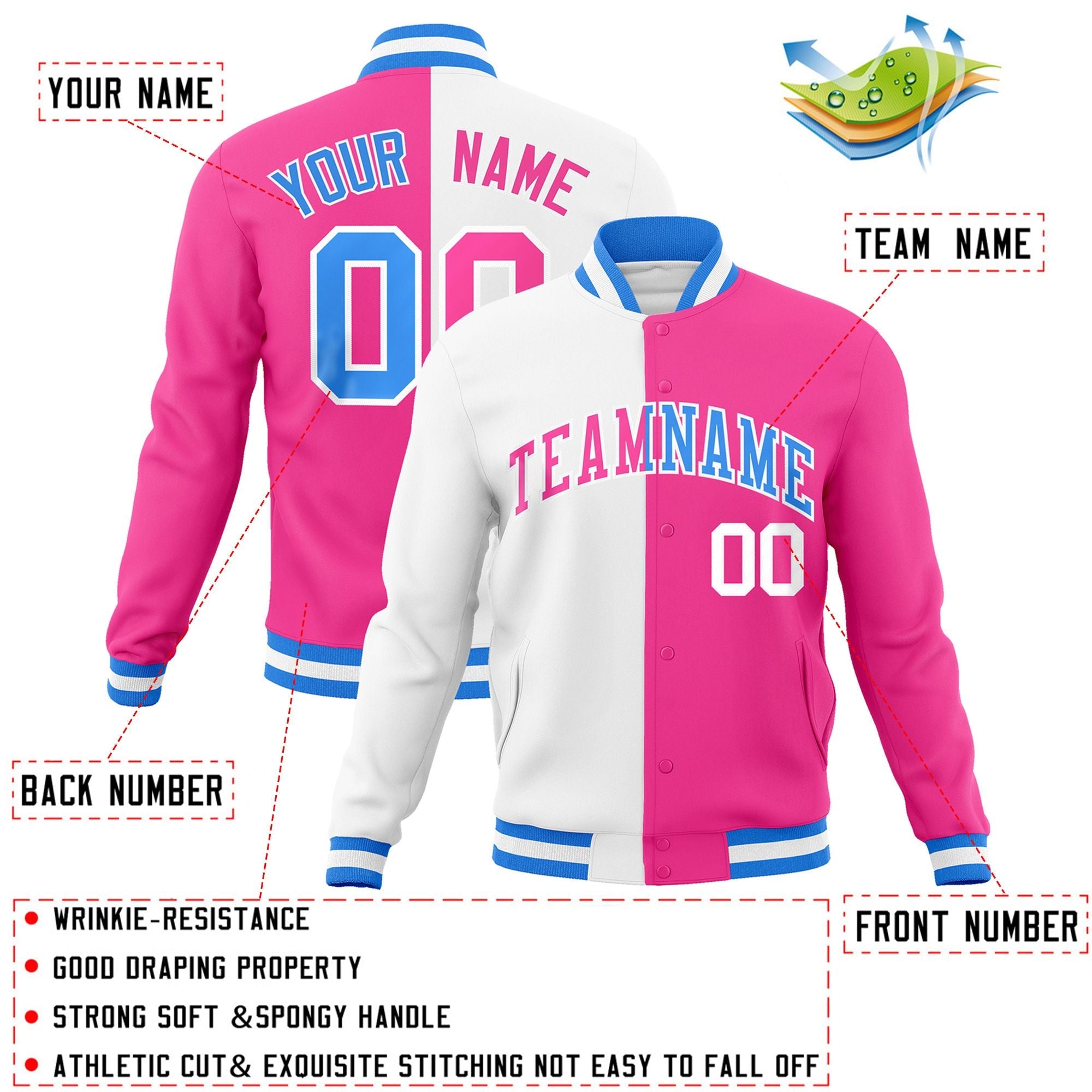 Custom White Pink-Pink Varsity Full-Snap Letterman Two Tone Split Fashion Jacket