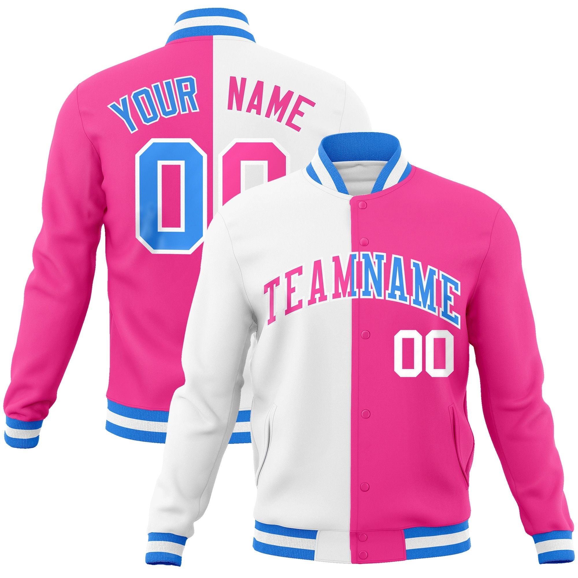 Custom White Pink-Pink Varsity Full-Snap Letterman Two Tone Split Fashion Jacket