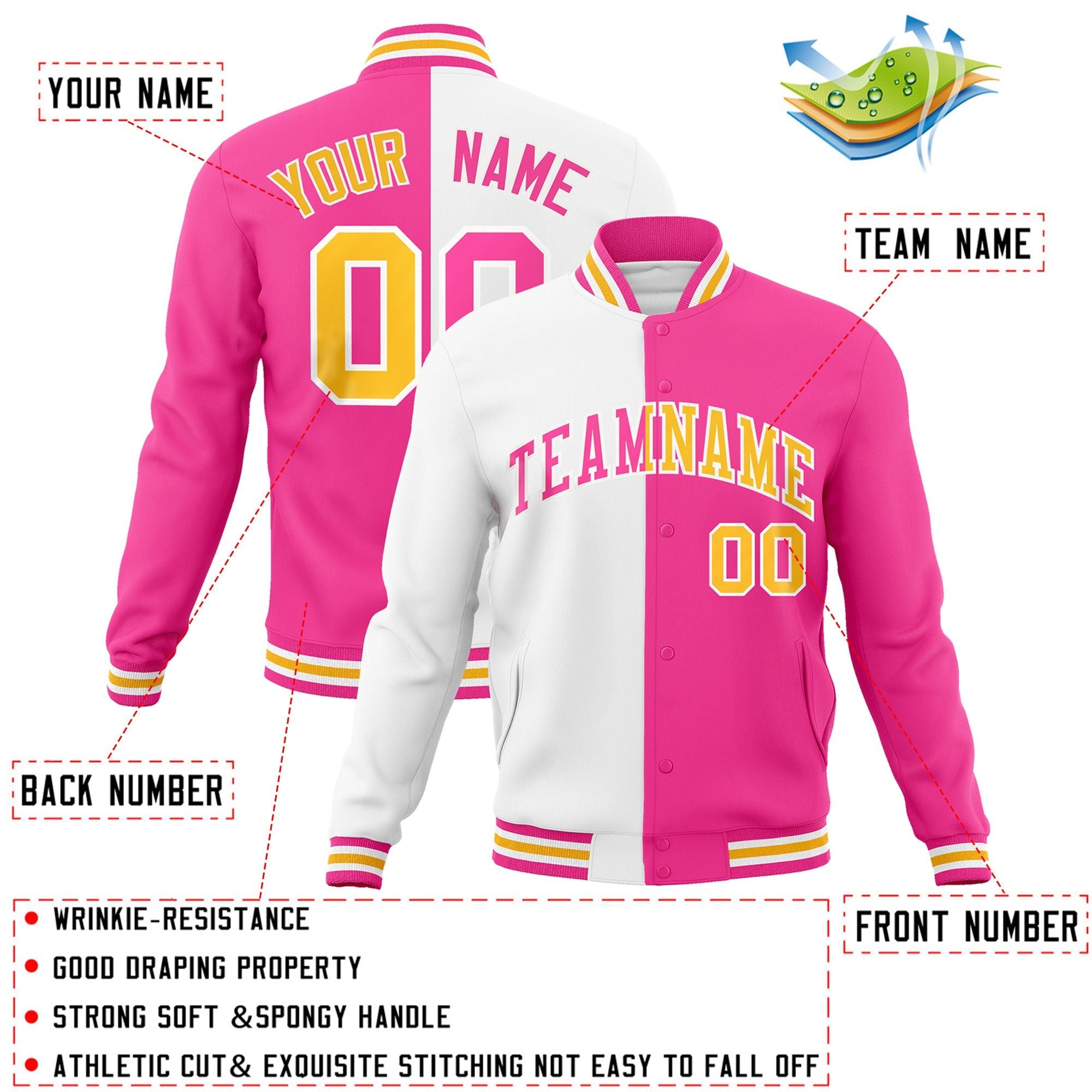 Custom White Pink-Pink Varsity Full-Snap Letterman Two Tone Split Fashion Jacket