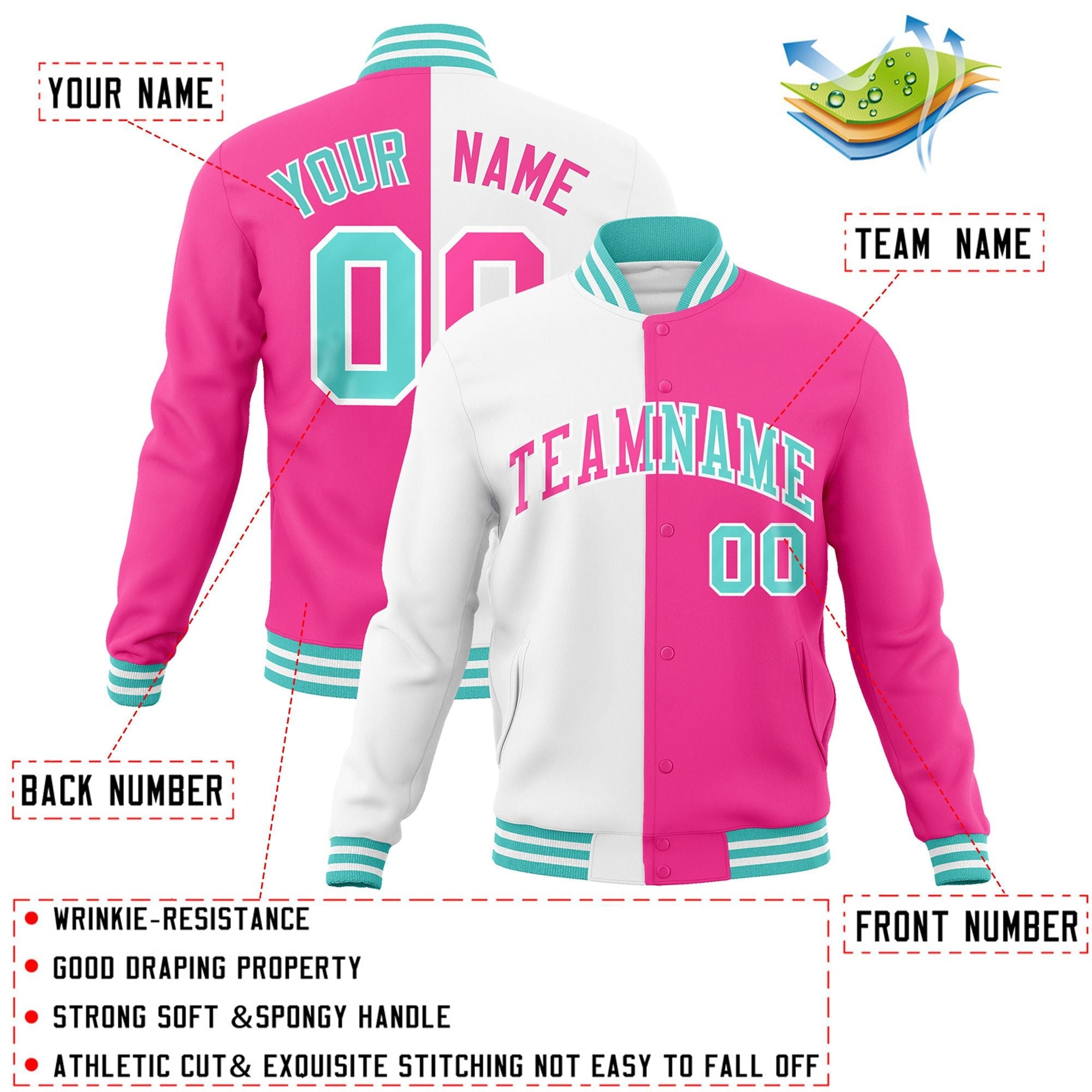 Custom White Pink-Pink Varsity Full-Snap Letterman Two Tone Split Fashion Jacket