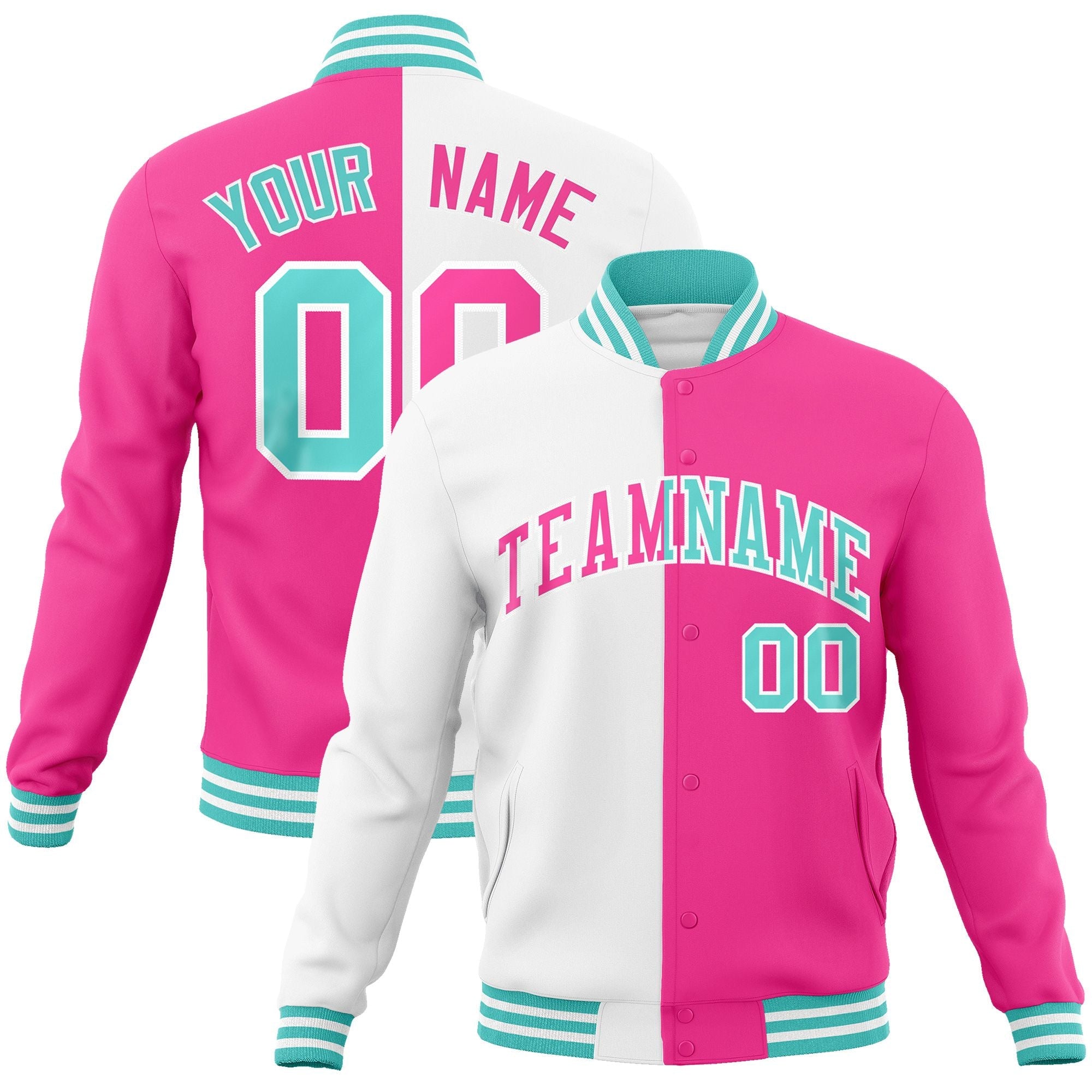 Custom White Pink-Pink Varsity Full-Snap Letterman Two Tone Split Fashion Jacket