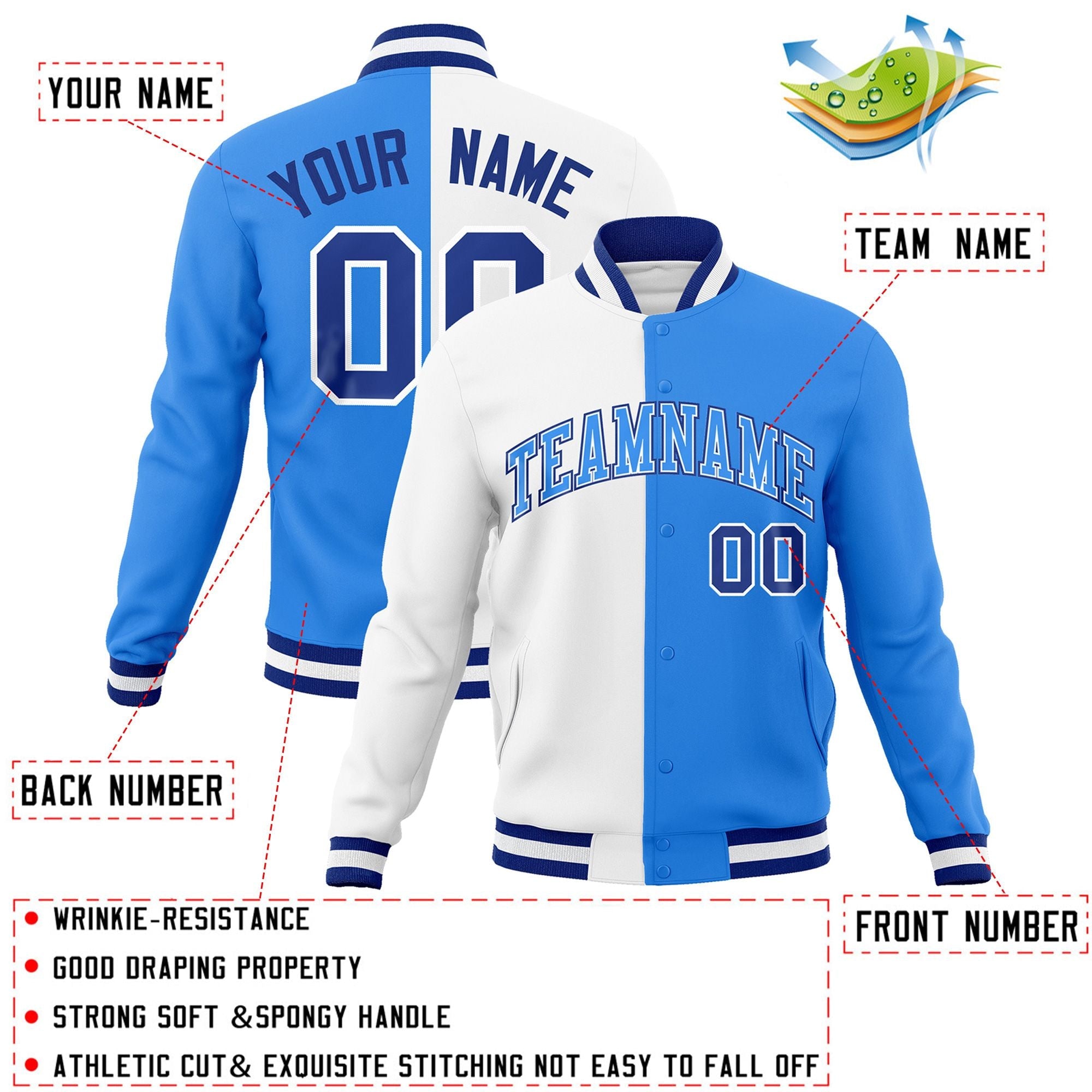 Custom White Powder Blue-Powder Blue Varsity Full-Snap Letterman Two Tone Split Fashion Jacket