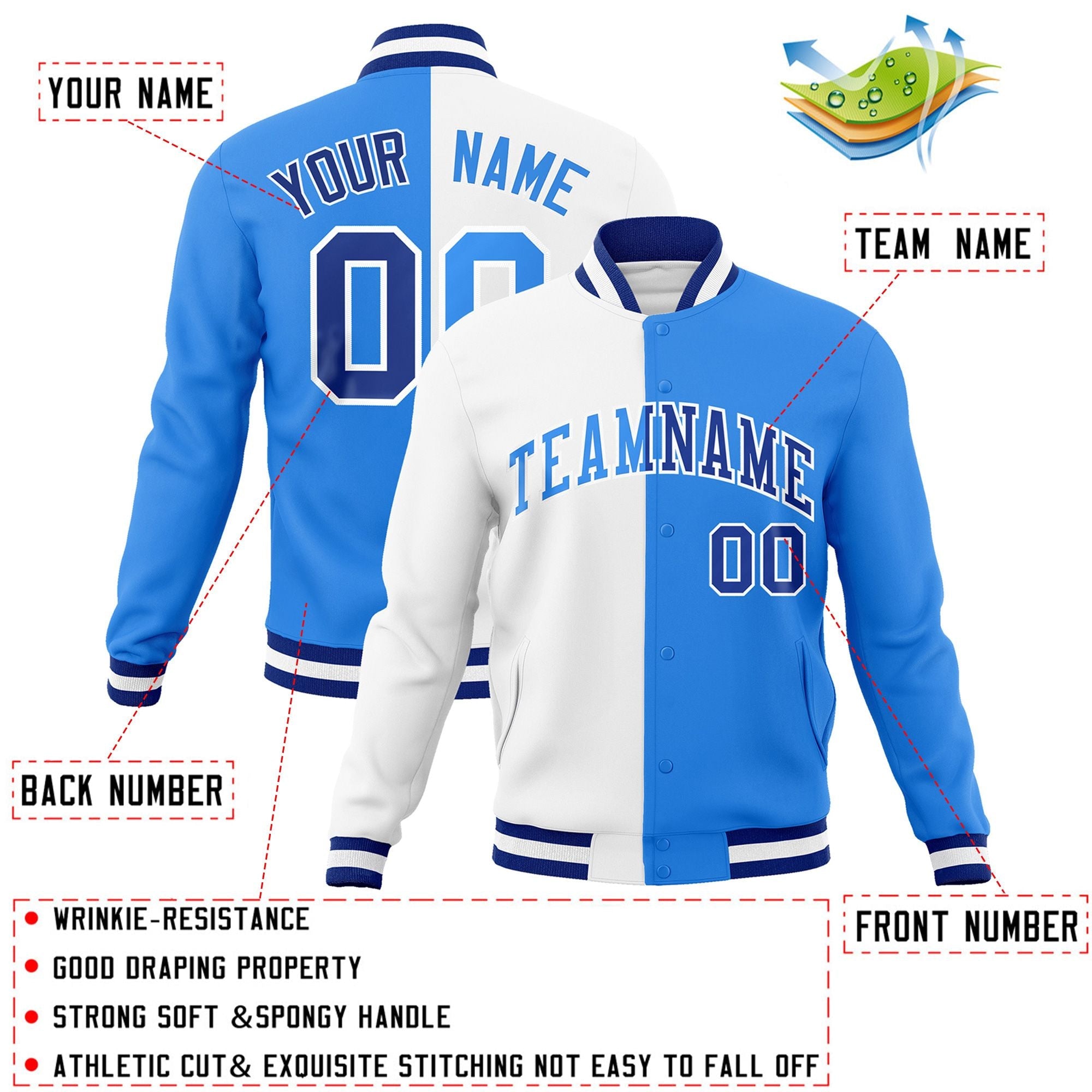 Custom White Powder Blue-Powder Blue Varsity Full-Snap Letterman Two Tone Split Fashion Jacket