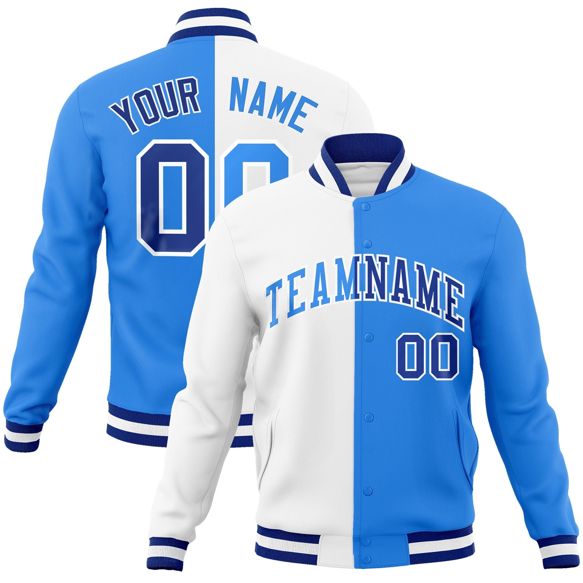 Custom White Powder Blue-Powder Blue Varsity Full-Snap Letterman Two Tone Split Fashion Jacket