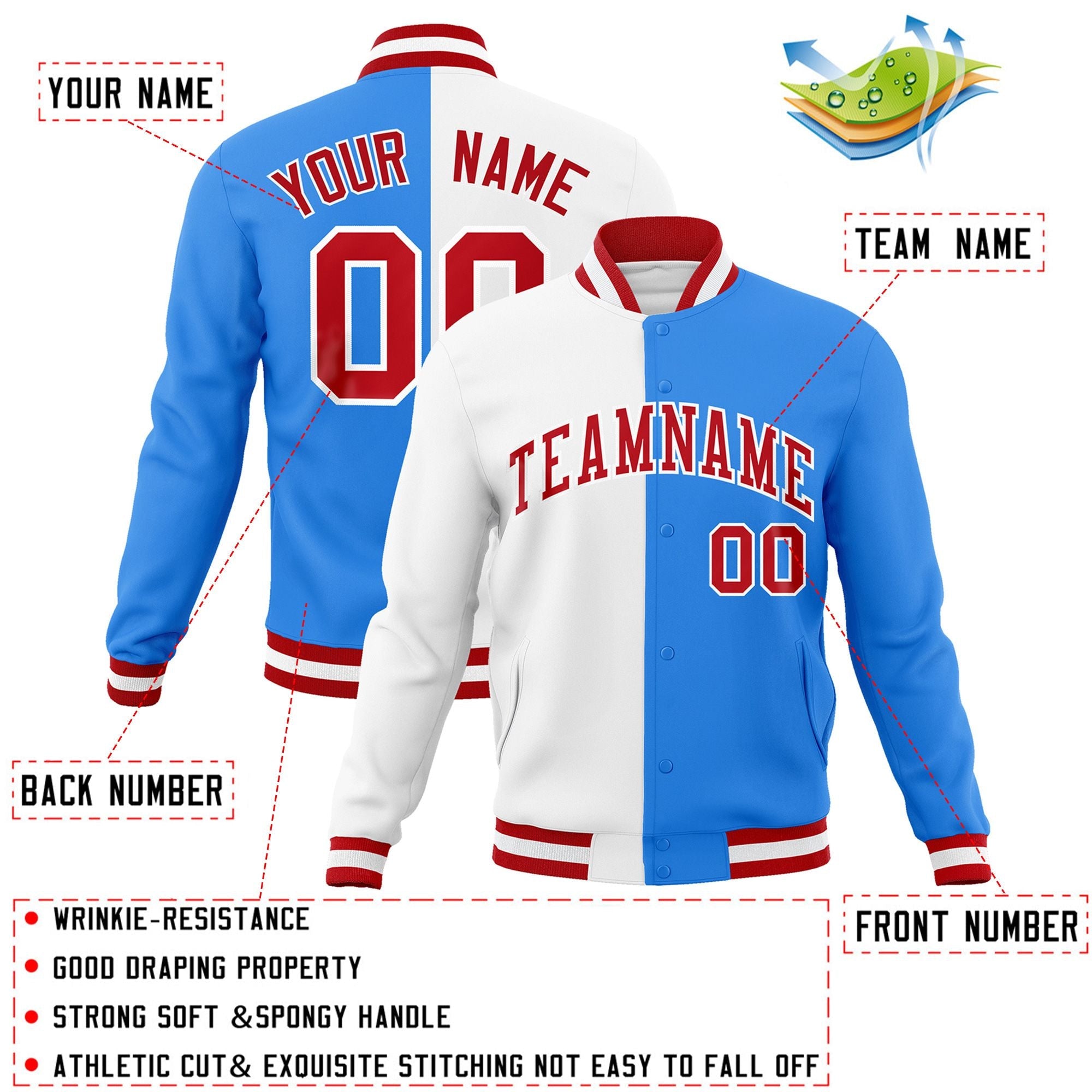 Custom White Powder Blue-Red Varsity Full-Snap Letterman Two Tone Split Fashion Jacket