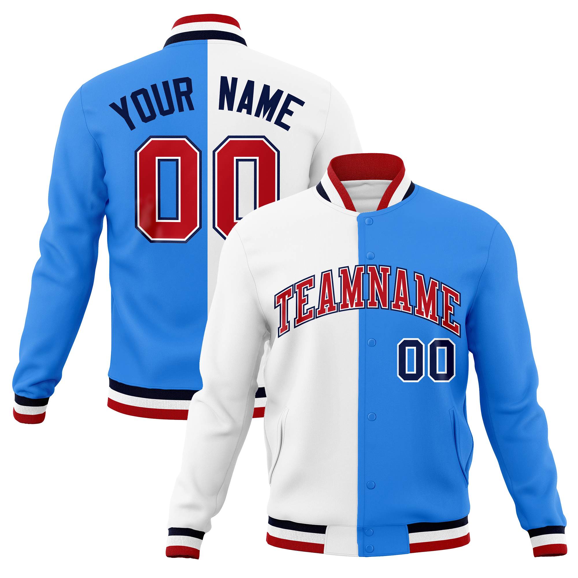 Custom White Powder Blue-Red Varsity Full-Snap Letterman Two Tone Split Fashion Jacket