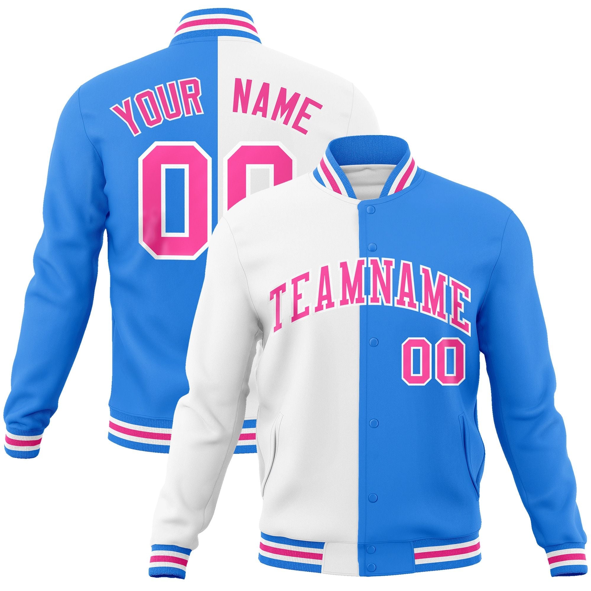 Custom White Powder Blue-Pink Varsity Full-Snap Letterman Two Tone Split Fashion Jacket