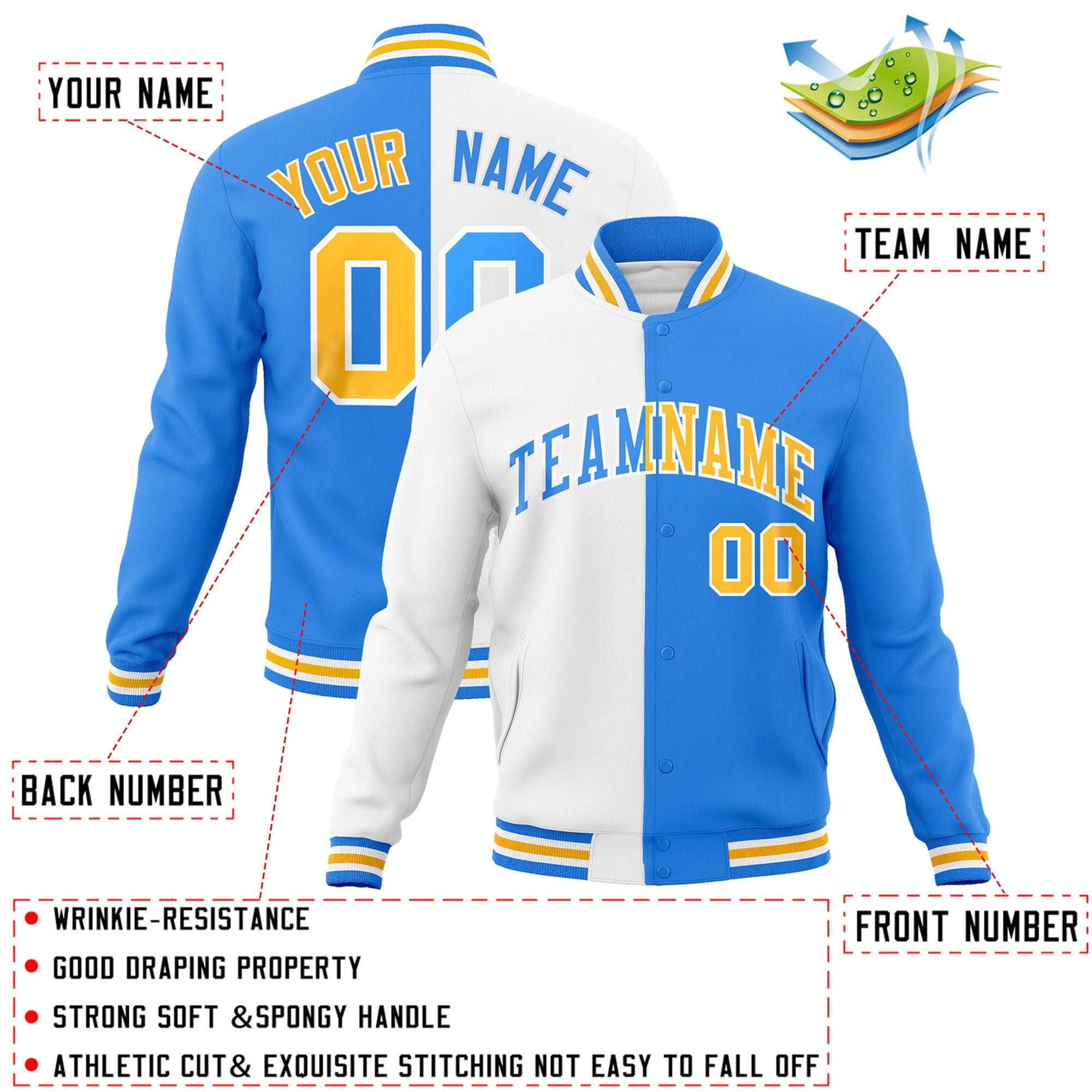 Custom White Powder Blue-Gold Varsity Full-Snap Letterman Two Tone Split Fashion Jacket