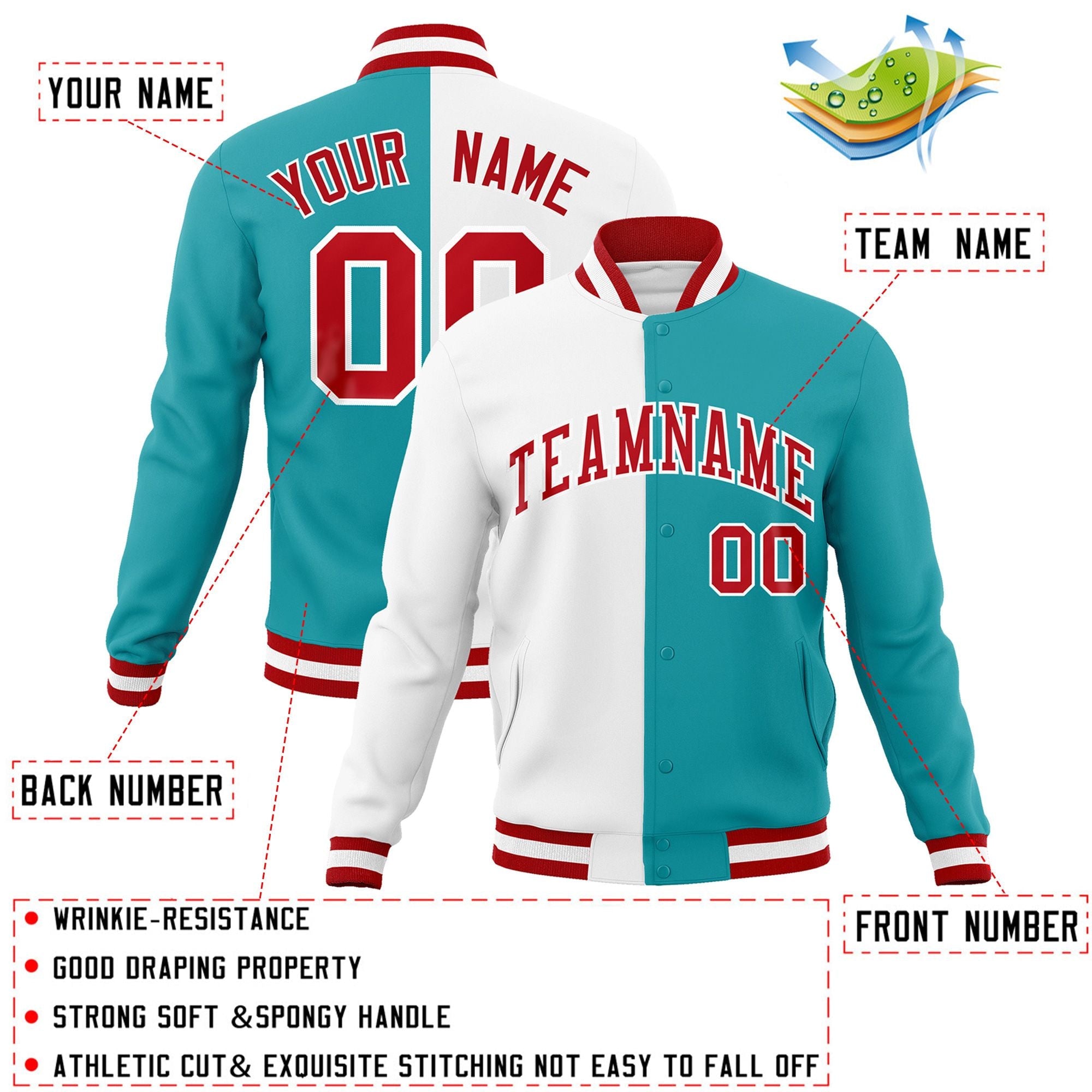 Custom White Aqua-Red Varsity Full-Snap Letterman Two Tone Split Fashion Jacket