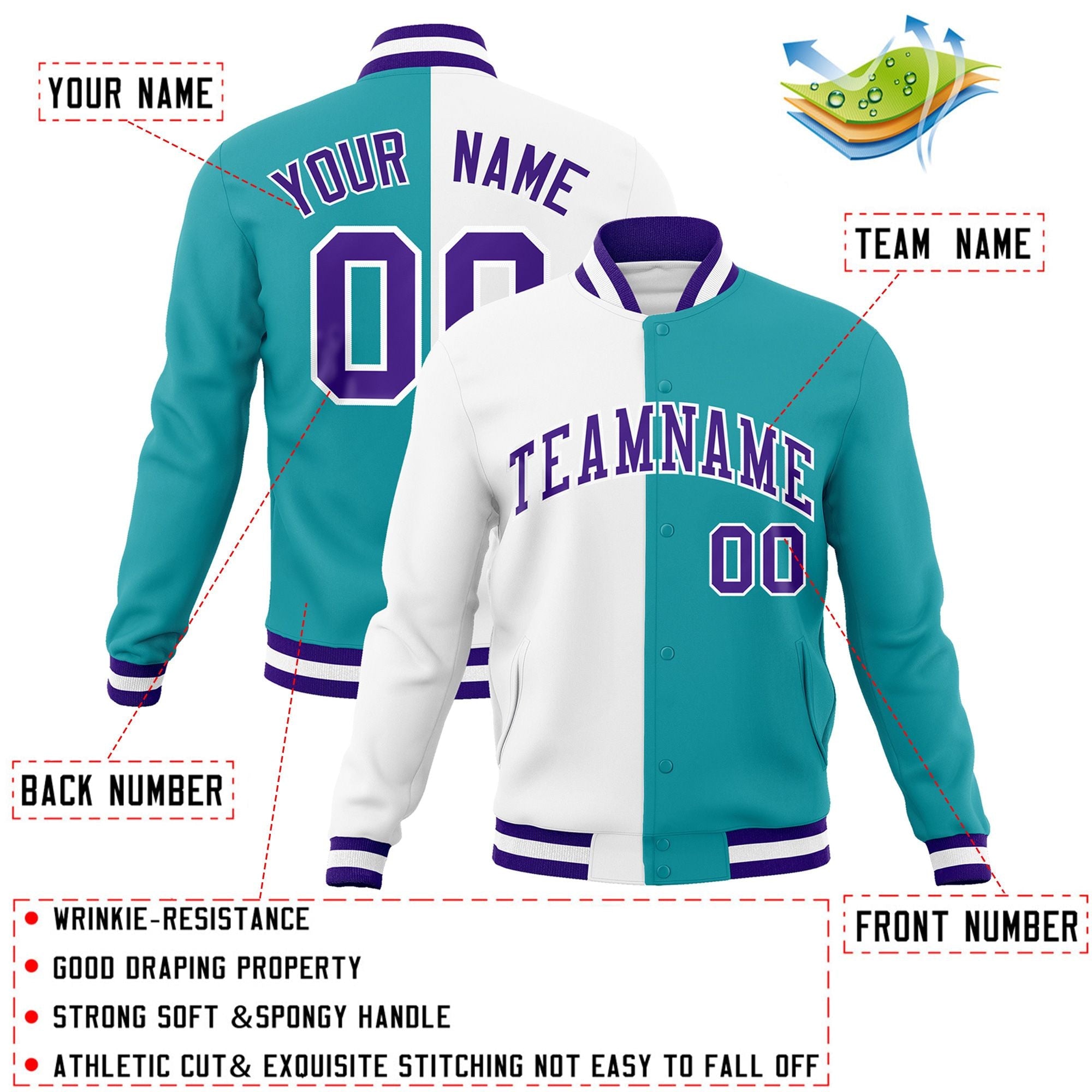 Custom White Aqua-Purple Varsity Full-Snap Letterman Two Tone Split Fashion Jacket