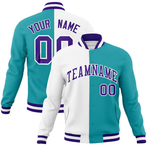 Custom White Aqua-Purple Varsity Full-Snap Letterman Two Tone Split Fashion Jacket