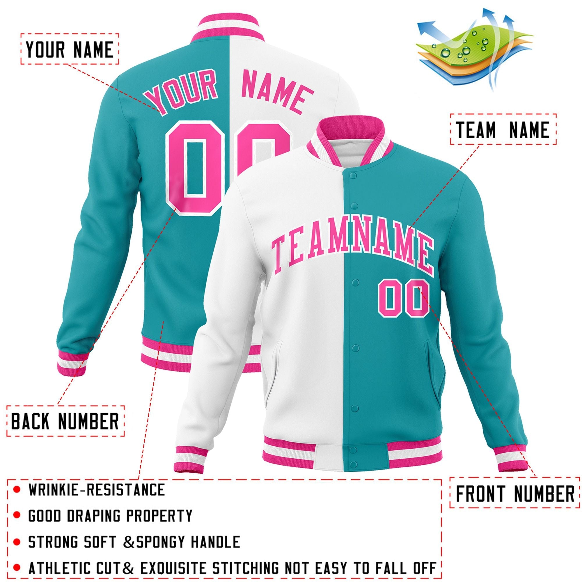 Custom White Aqua-Pink Varsity Full-Snap Letterman Two Tone Split Fashion Jacket