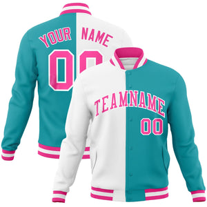 Custom White Aqua-Pink Varsity Full-Snap Letterman Two Tone Split Fashion Jacket