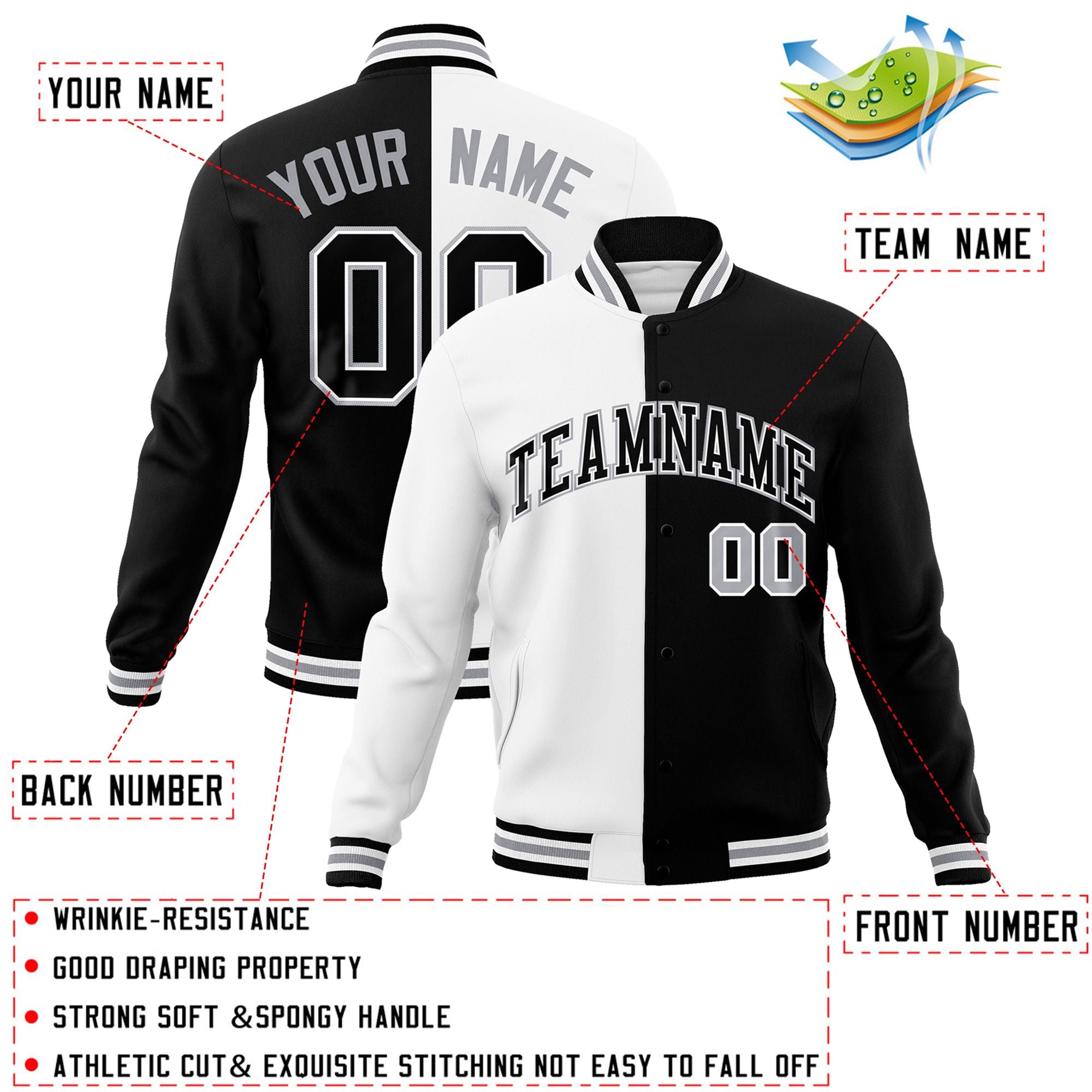 Veste de mode fendue bicolore personnalisée blanc noir-noir Varsity Full-Snap Letterman