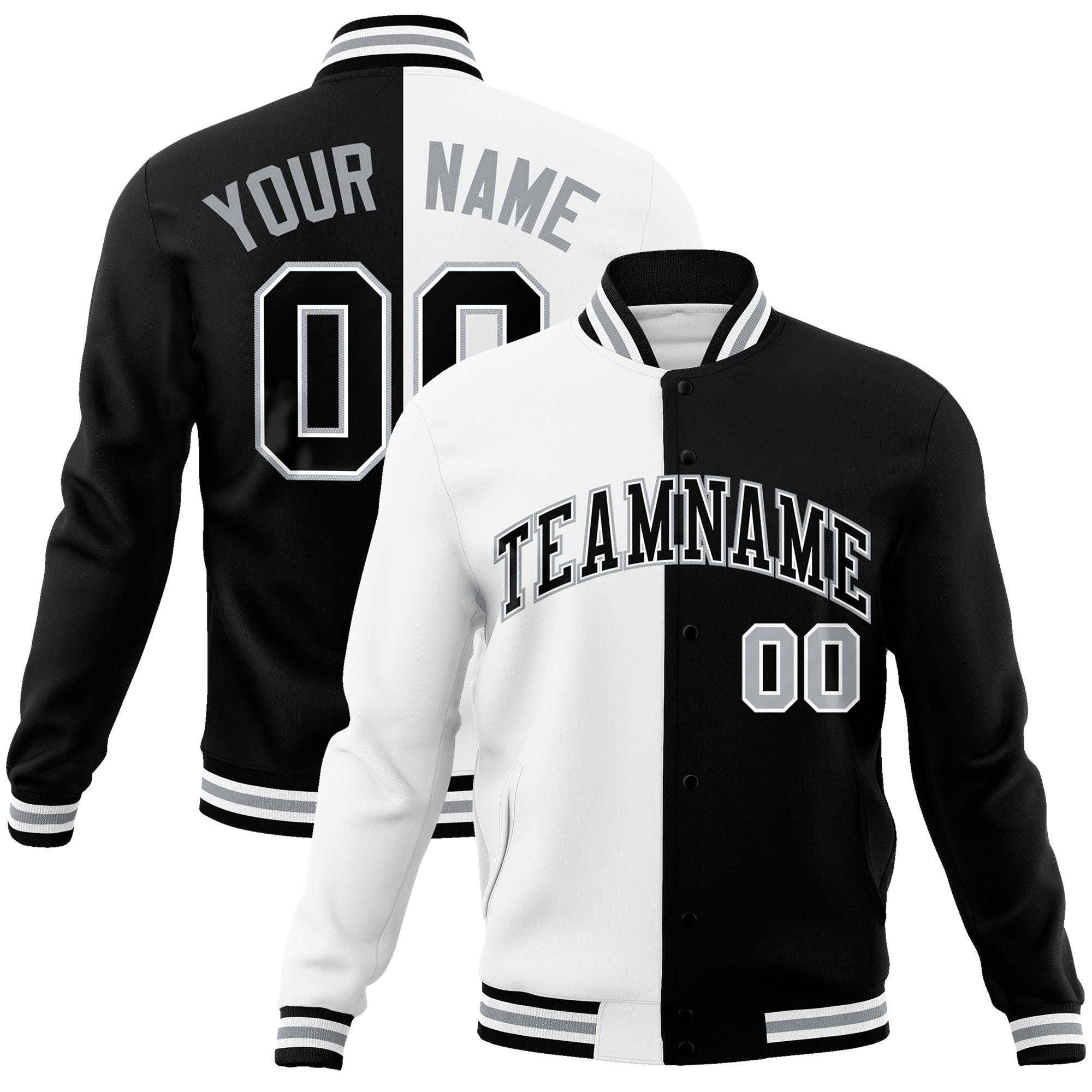 Custom White Black-Black Varsity Full-Snap Letterman Two Tone Split Fashion Jacket