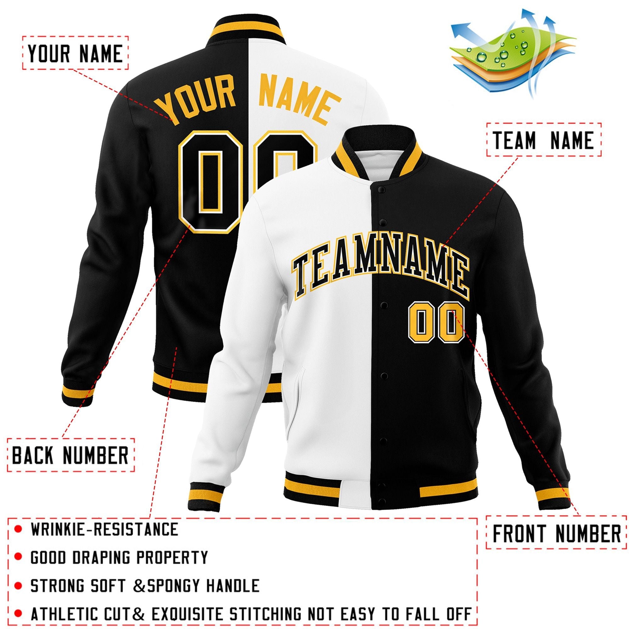 Custom White Black-Black Varsity Full-Snap Letterman Two Tone Split Fashion Jacket