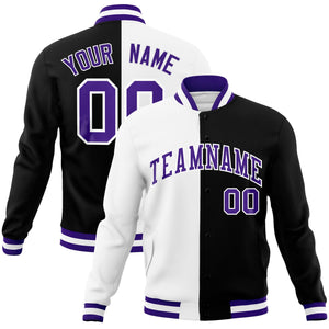 Custom White Black-Purple Varsity Full-Snap Letterman Two Tone Split Fashion Jacket