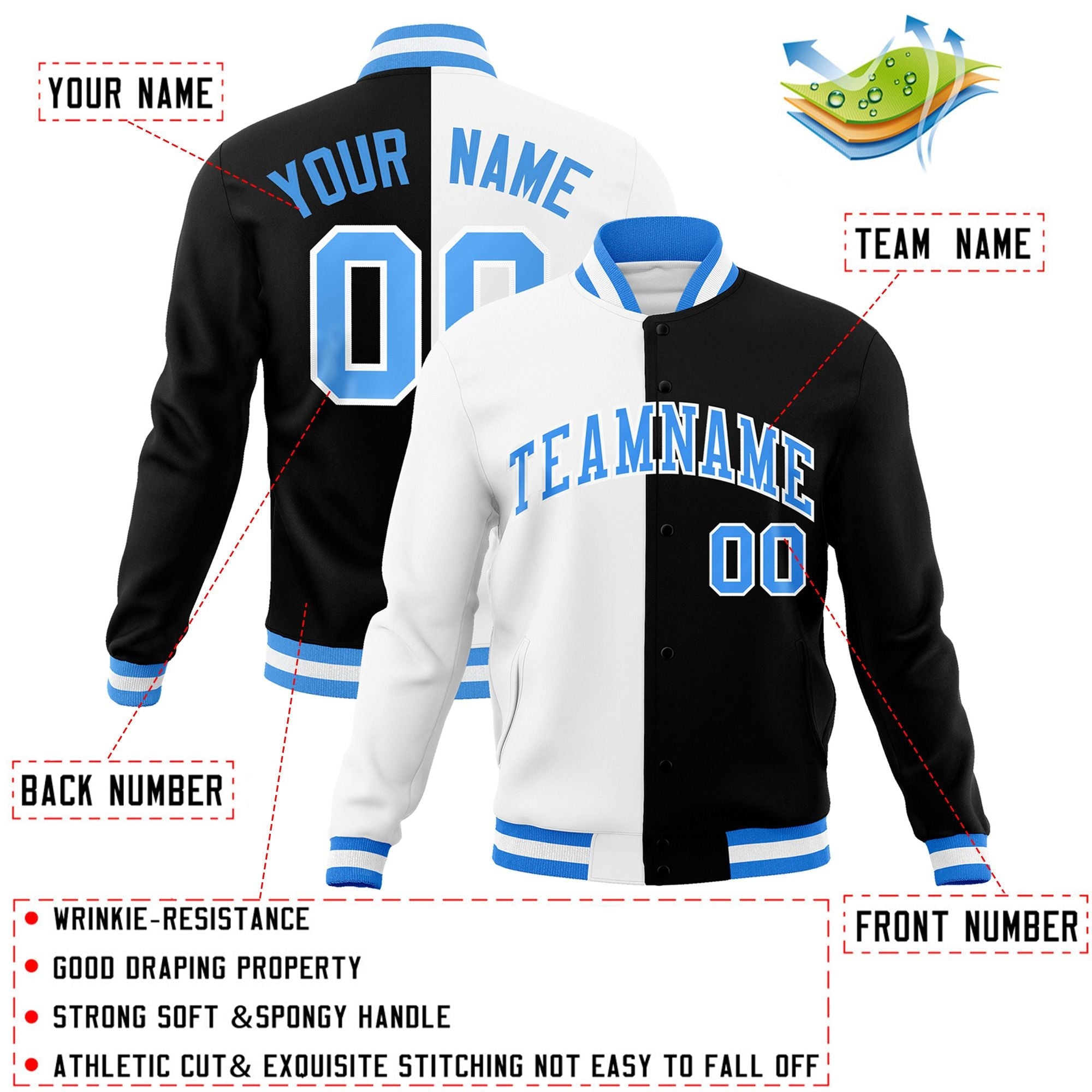 Veste de mode fendue bicolore personnalisée blanche noire-bleu poudre Varsity Full-Snap Letterman