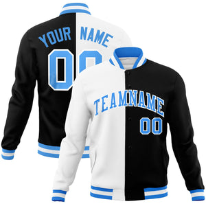 Custom White Black-Powder Blue Varsity Full-Snap Letterman Two Tone Split Fashion Jacket