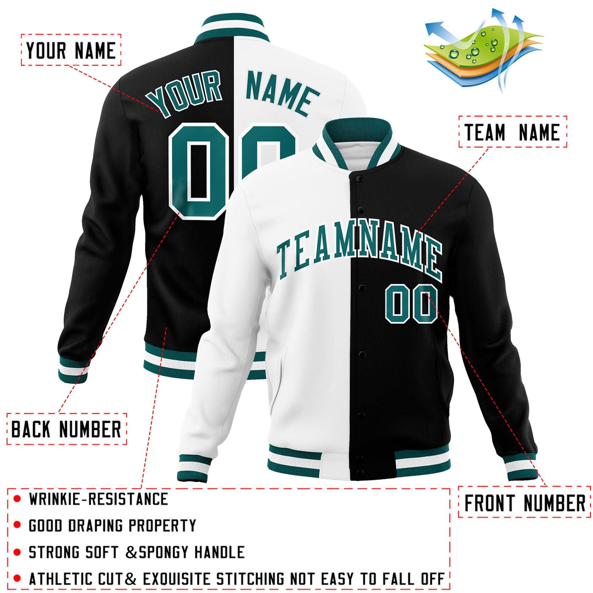 Custom White Black-Aqua Varsity Full-Snap Letterman Two Tone Split Fashion Jacket