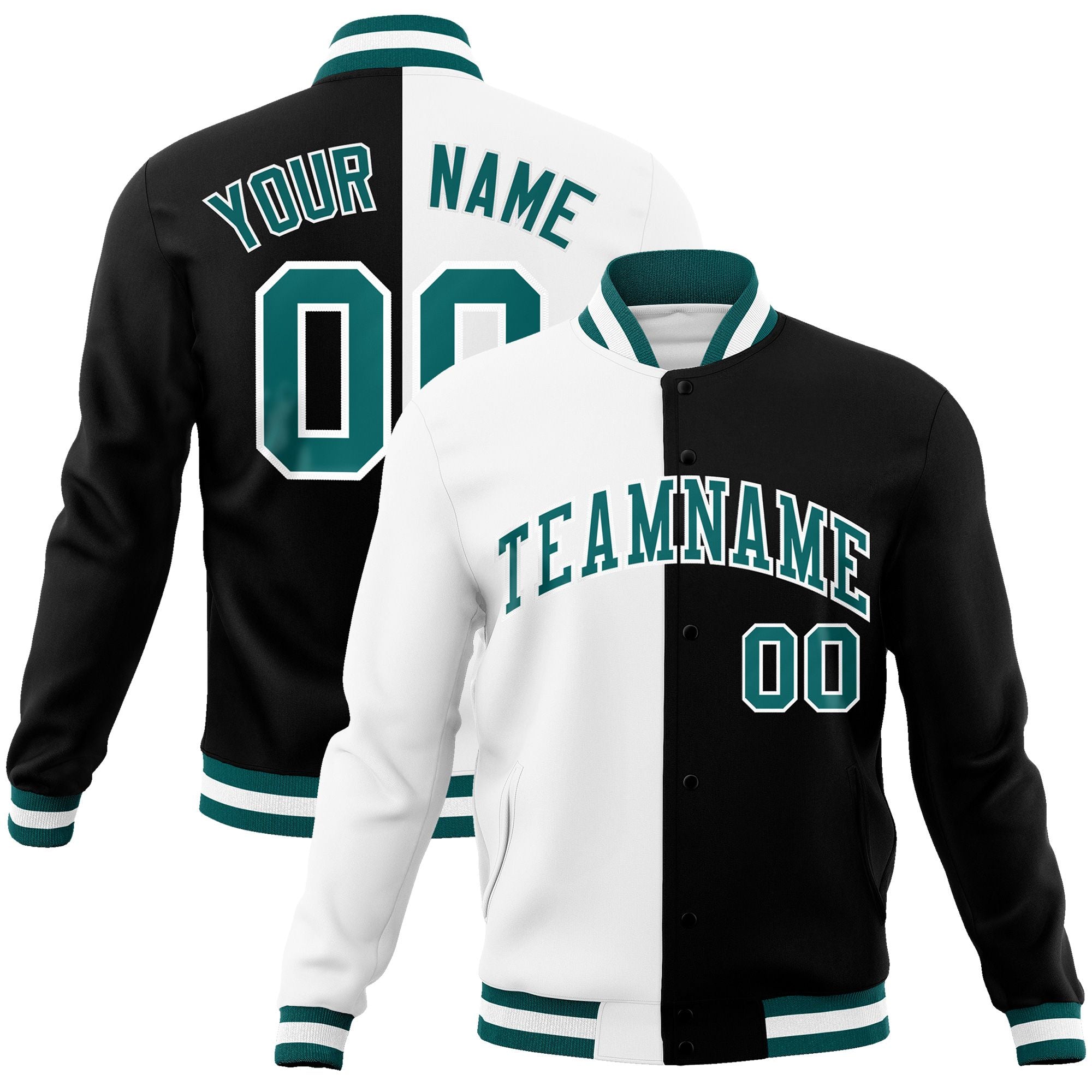 Custom White Black-Aqua Varsity Full-Snap Letterman Two Tone Split Fashion Jacket