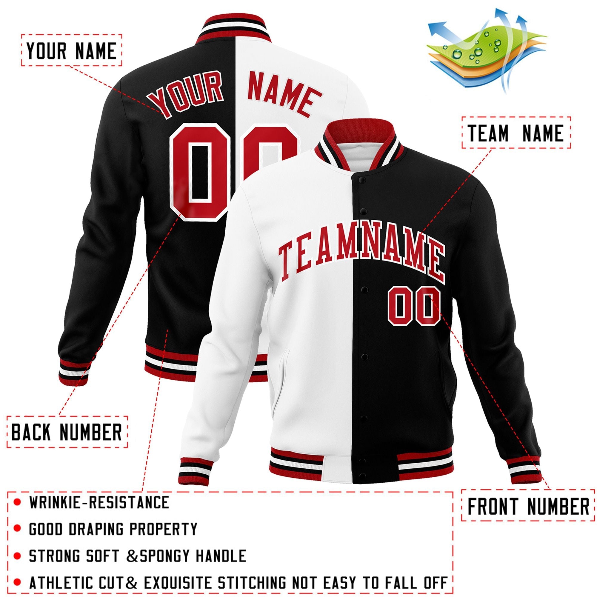 Veste de mode fendue bicolore personnalisée blanc noir-rouge Varsity Full-Snap Letterman