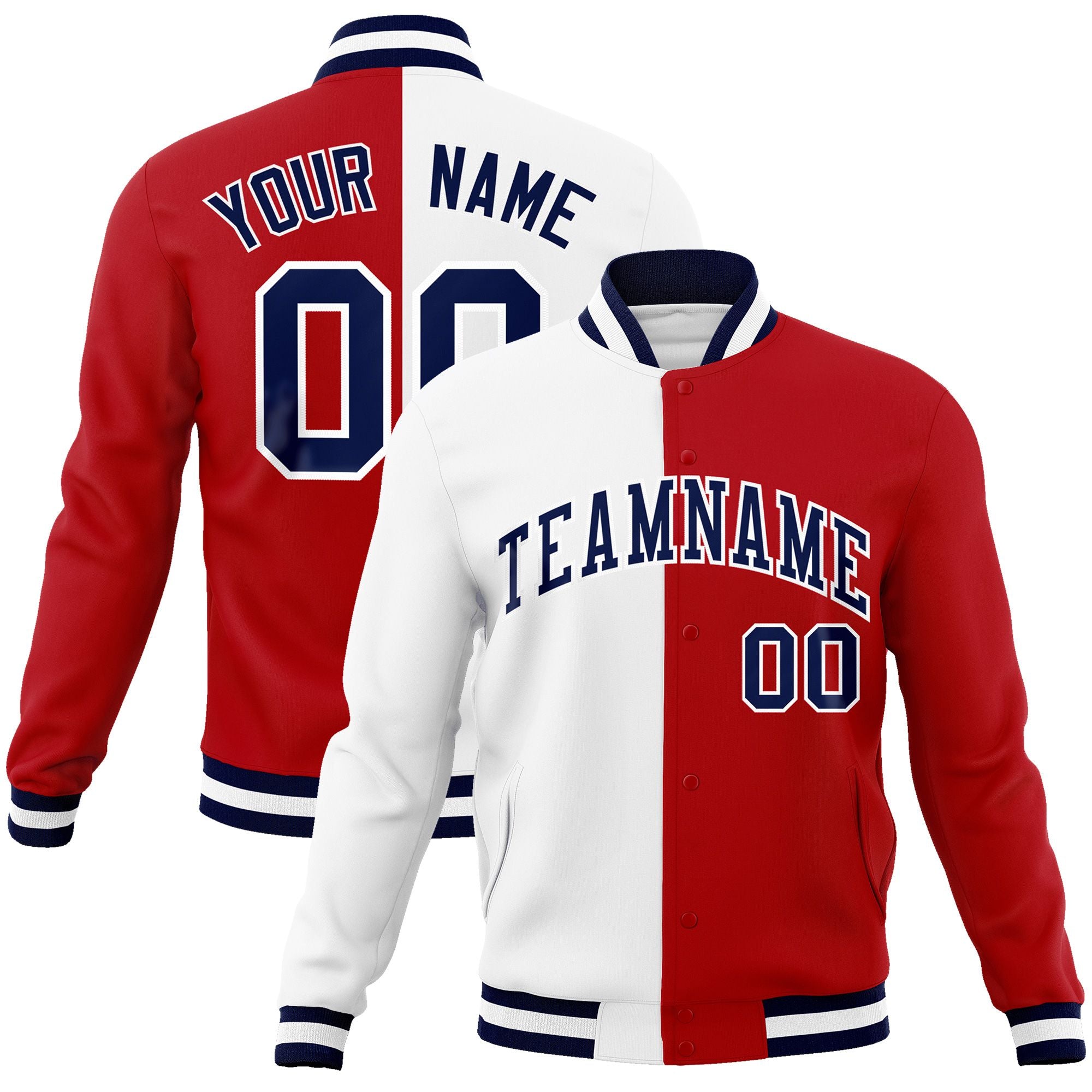 Custom White Red-Navy Varsity Full-Snap Letterman Two Tone Split Fashion Jacket