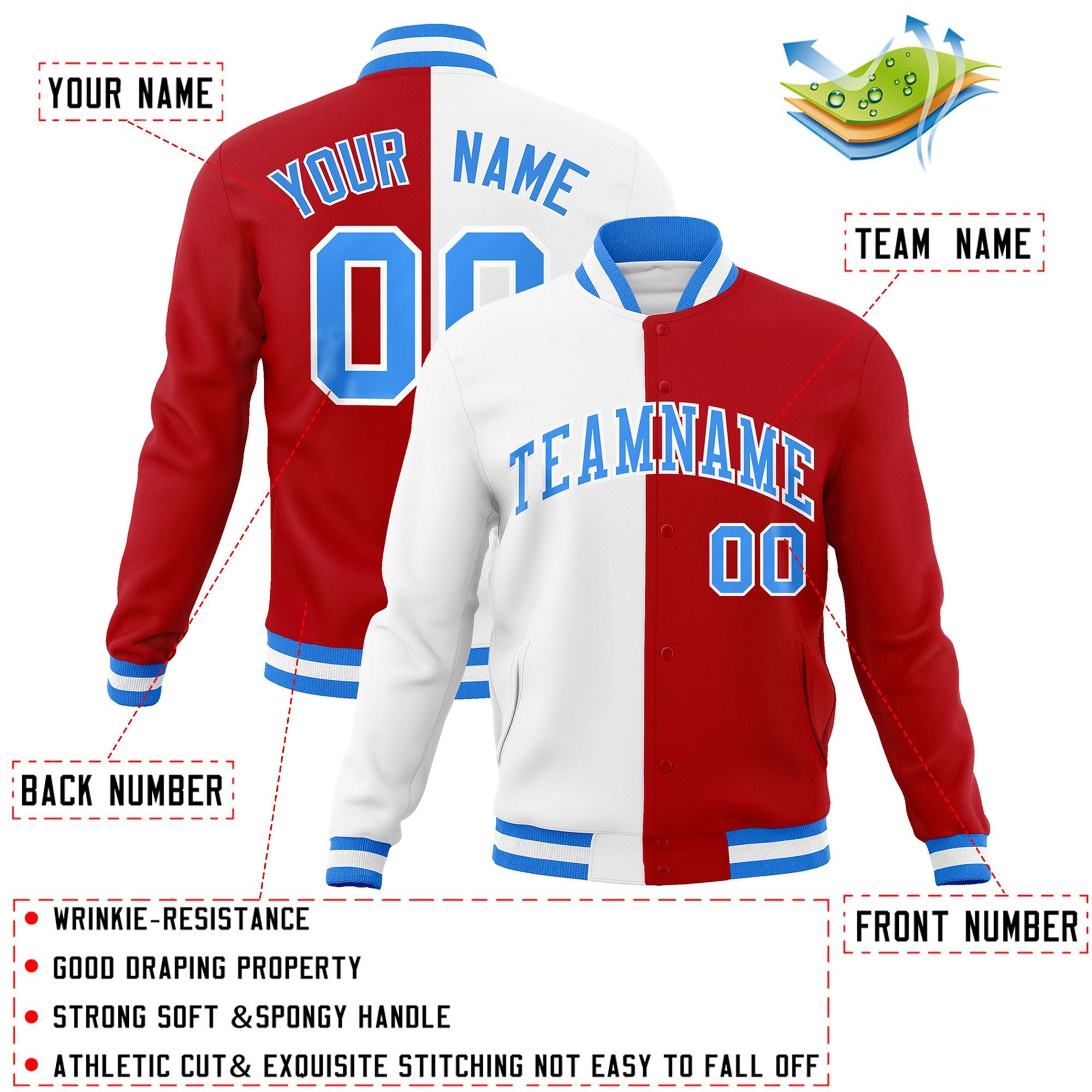 Veste de mode fendue bicolore personnalisée blanc rouge-bleu poudre Varsity Full-Snap Letterman