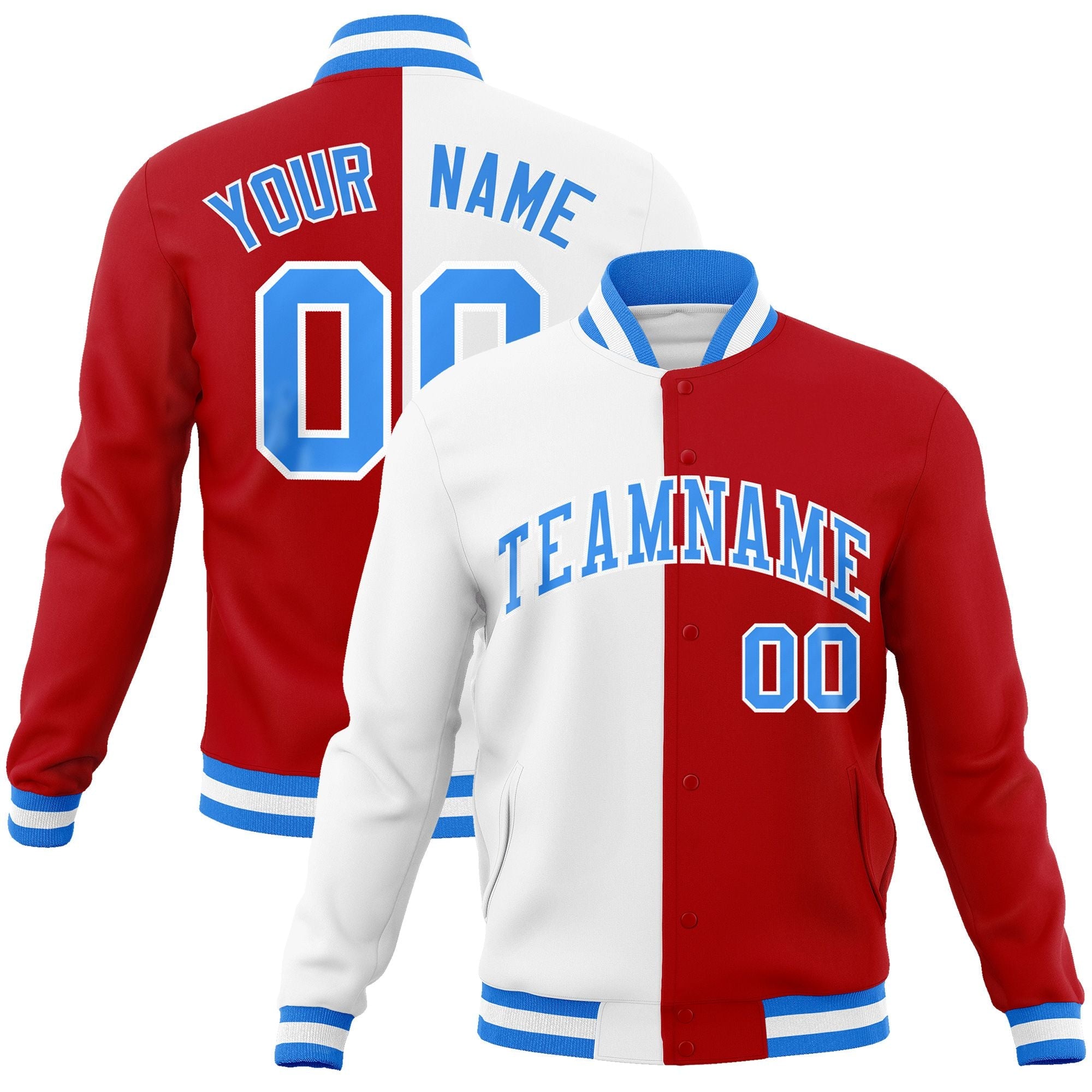 Custom White Red-Powder Blue Varsity Full-Snap Letterman Two Tone Split Fashion Jacket