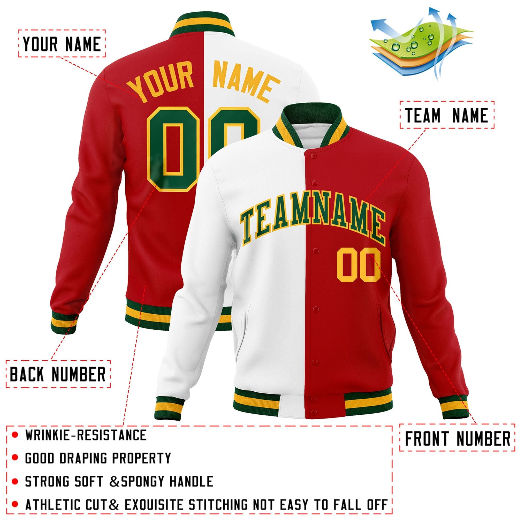 Veste de mode fendue bicolore personnalisée blanc rouge-vert Varsity Full-Snap Letterman