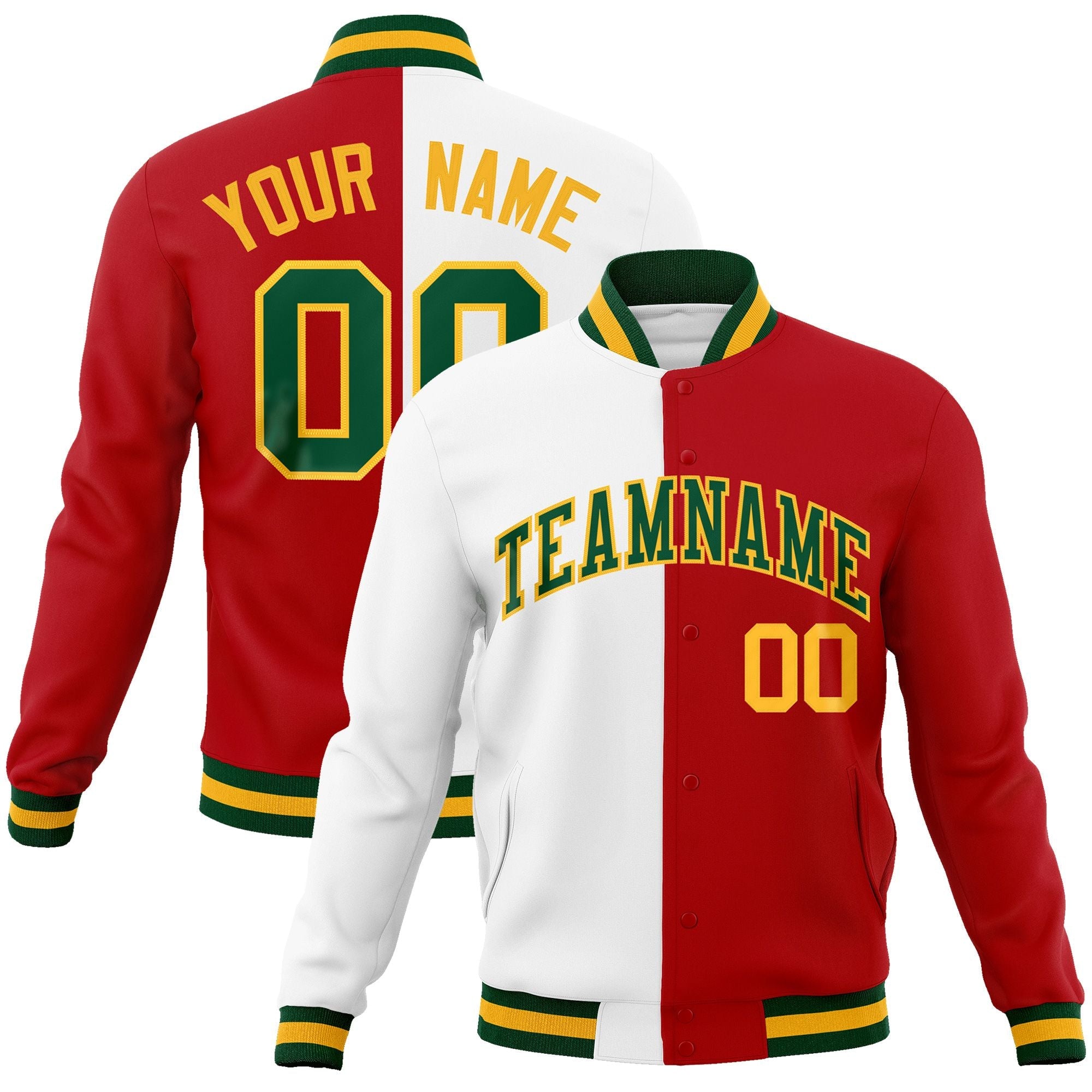 Custom White Red-Green Varsity Full-Snap Letterman Two Tone Split Fashion Jacket