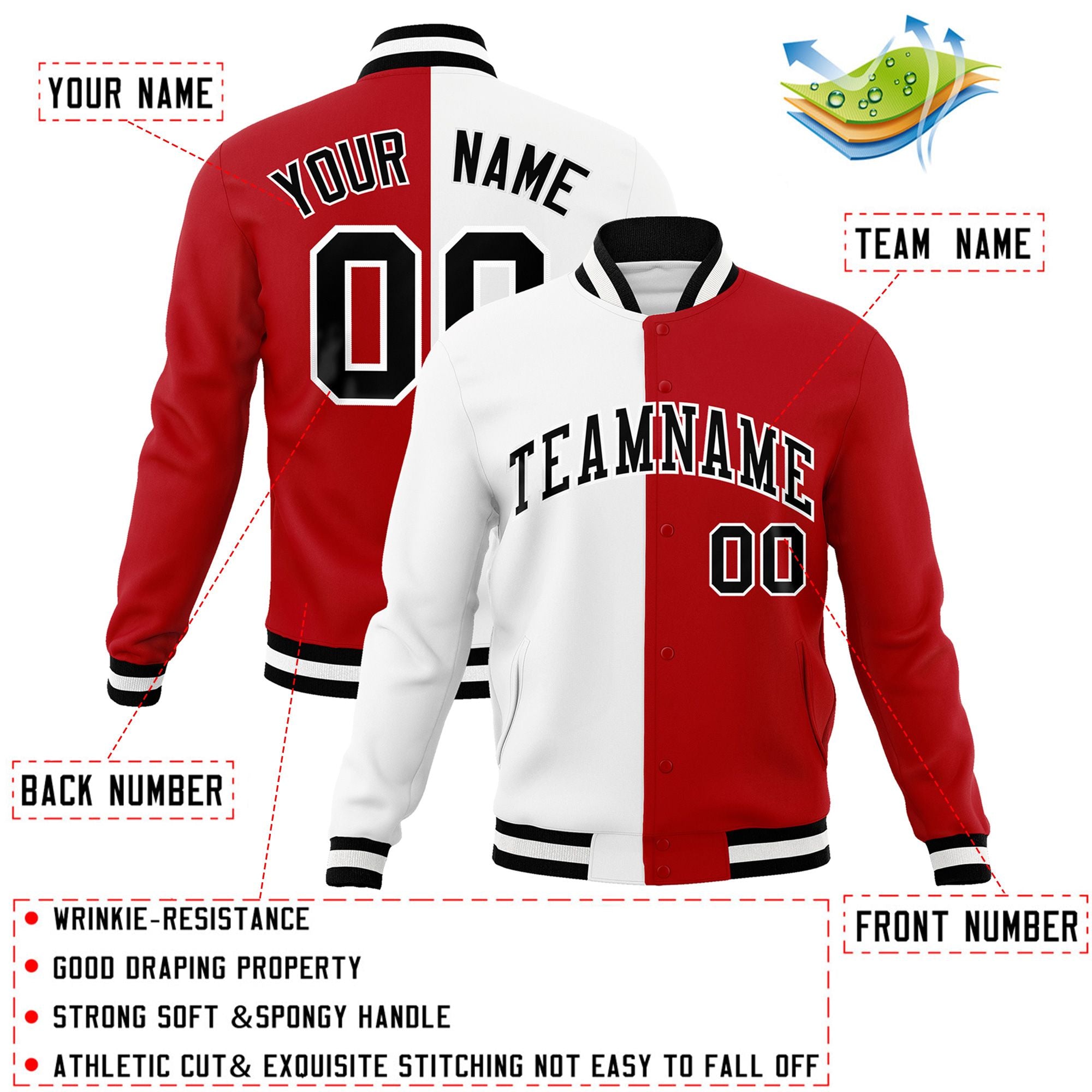 Veste de mode fendue bicolore personnalisée blanc rouge-noir Varsity Full-Snap Letterman