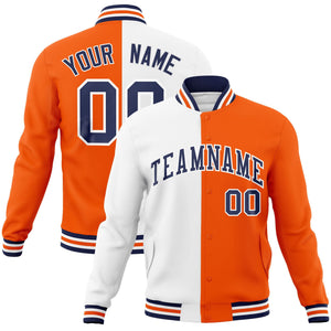 Custom White Orange-Navy Varsity Full-Snap Letterman Two Tone Split Fashion Jacket