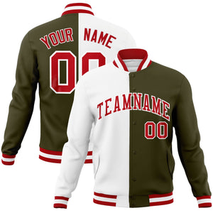 Custom White Olive-Red Varsity Full-Snap Letterman Two Tone Split Fashion Jacket